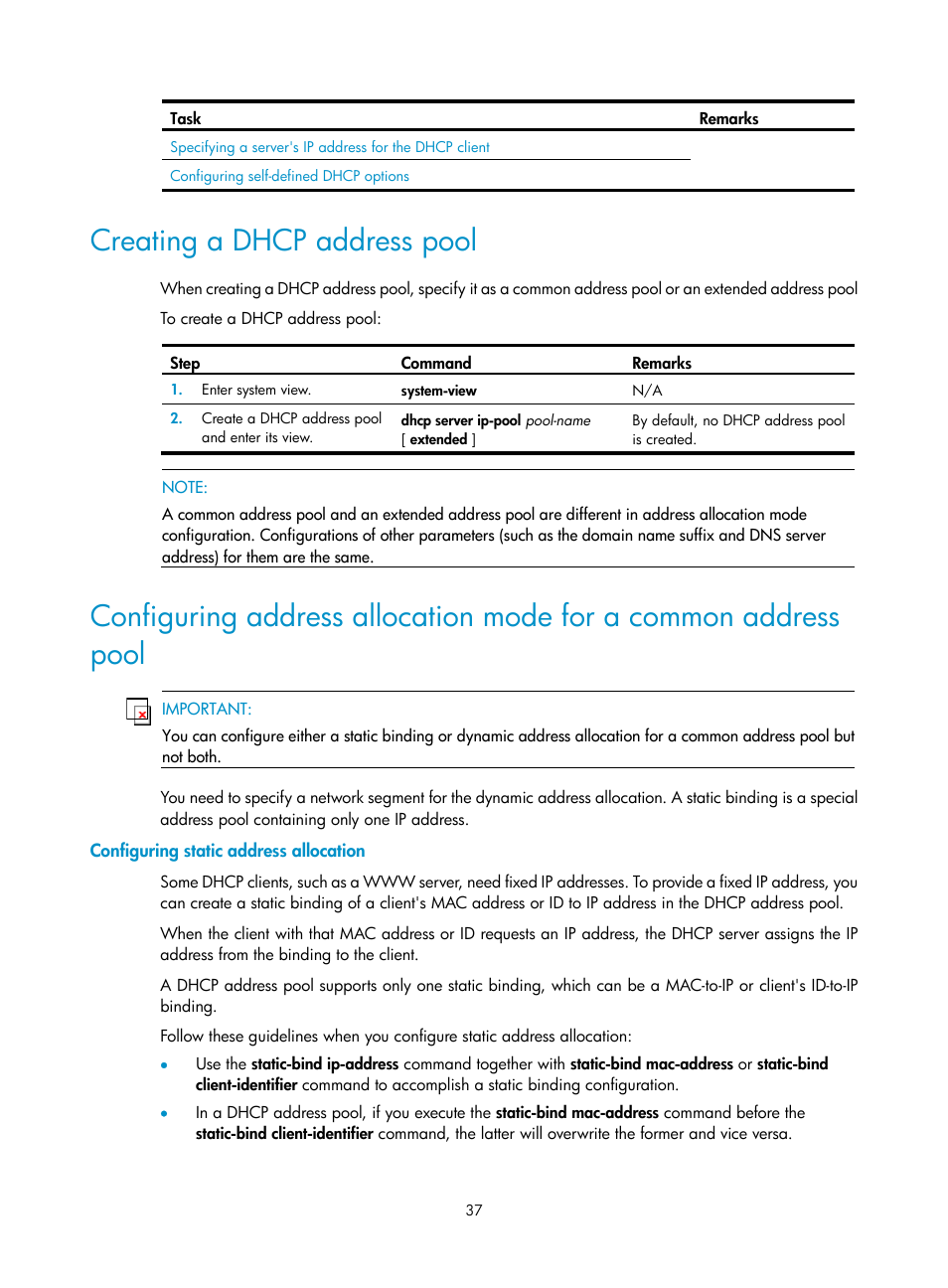 Creating a dhcp address pool, Configuring static address allocation, Ation, see | Configuring static, Address allocation | H3C Technologies H3C S12500 Series Switches User Manual | Page 51 / 249