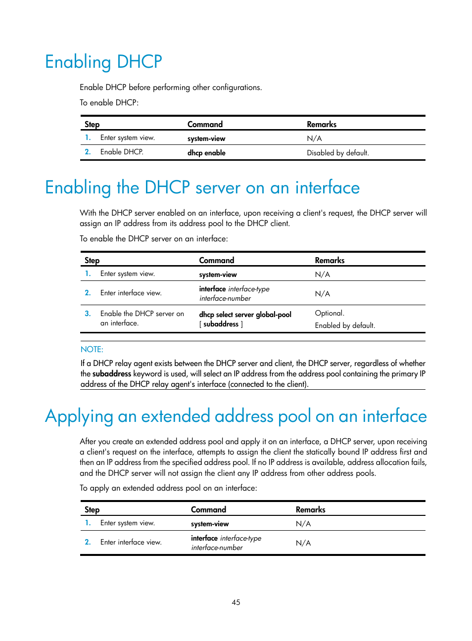 Enabling dhcp, Enabling the dhcp server on an interface, Applying an extended address pool on an interface | H3C Technologies H3C S12500 Series Switches User Manual | Page 59 / 249
