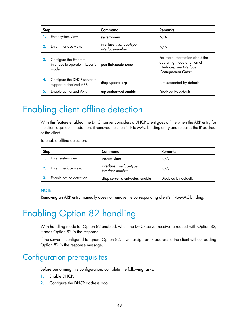 Enabling client offline detection, Enabling option 82 handling, Configuration prerequisites | H3C Technologies H3C S12500 Series Switches User Manual | Page 62 / 249