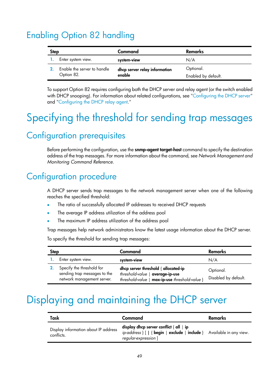 Enabling option 82 handling, Specifying the threshold for sending trap messages, Configuration prerequisites | Configuration procedure, Displaying and maintaining the dhcp server | H3C Technologies H3C S12500 Series Switches User Manual | Page 63 / 249