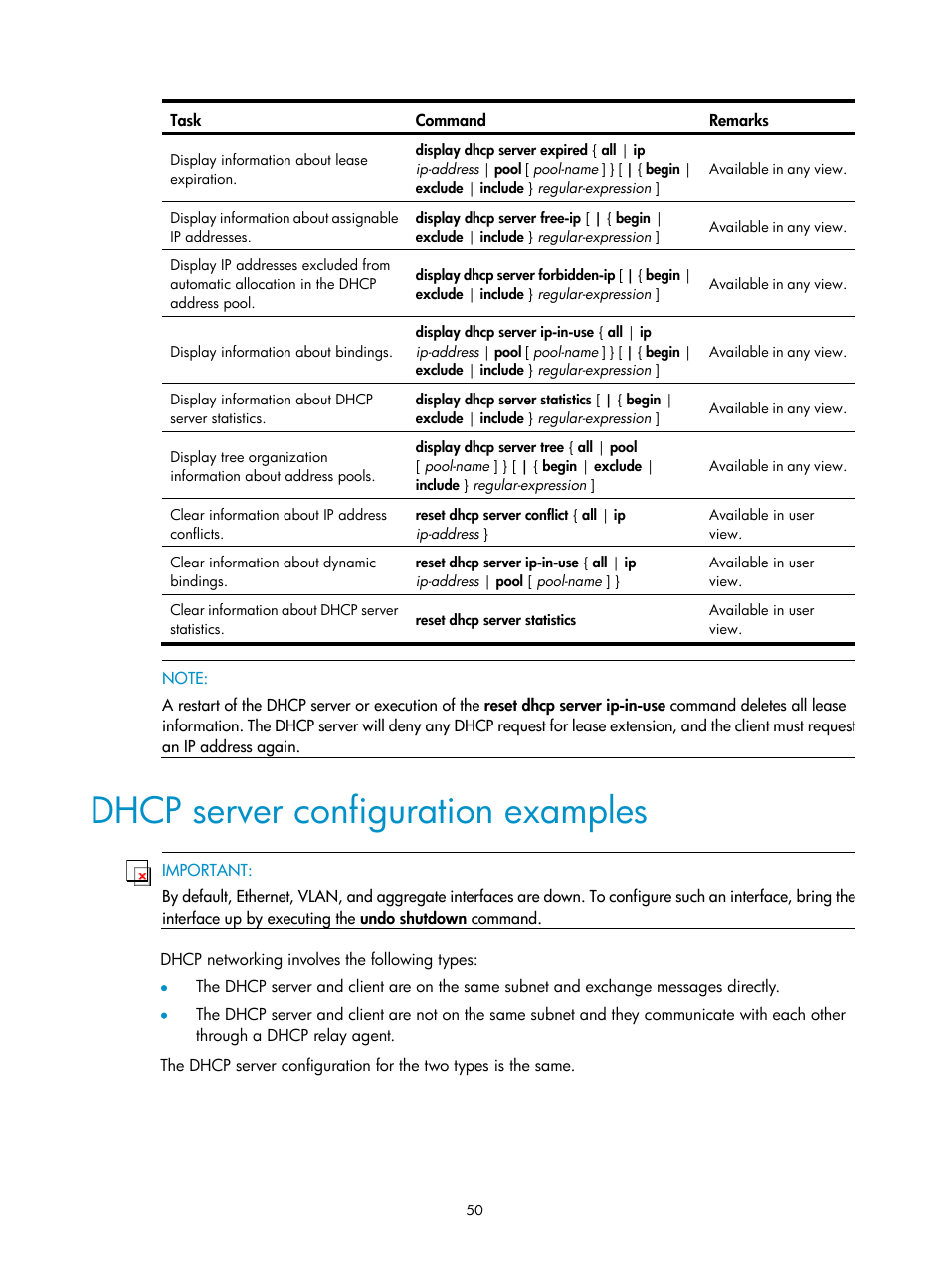 Dhcp server configuration examples | H3C Technologies H3C S12500 Series Switches User Manual | Page 64 / 249