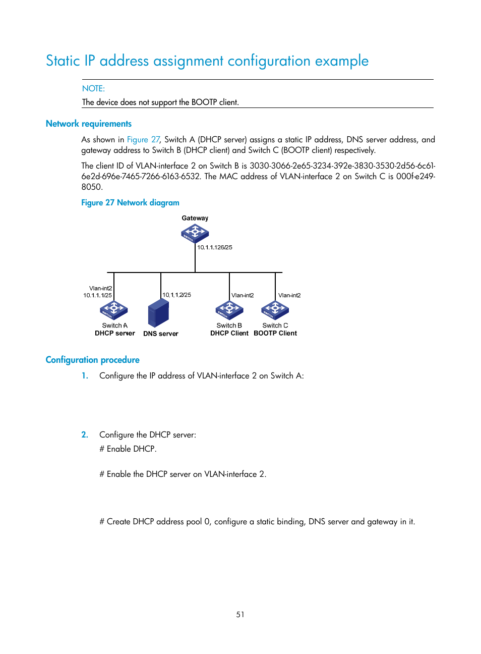 Static ip address assignment configuration example, Network requirements, Configuration procedure | H3C Technologies H3C S12500 Series Switches User Manual | Page 65 / 249