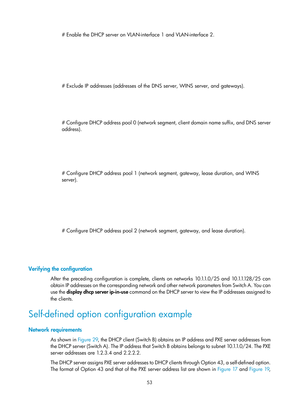 Verifying the configuration, Self-defined option configuration example, Network requirements | H3C Technologies H3C S12500 Series Switches User Manual | Page 67 / 249