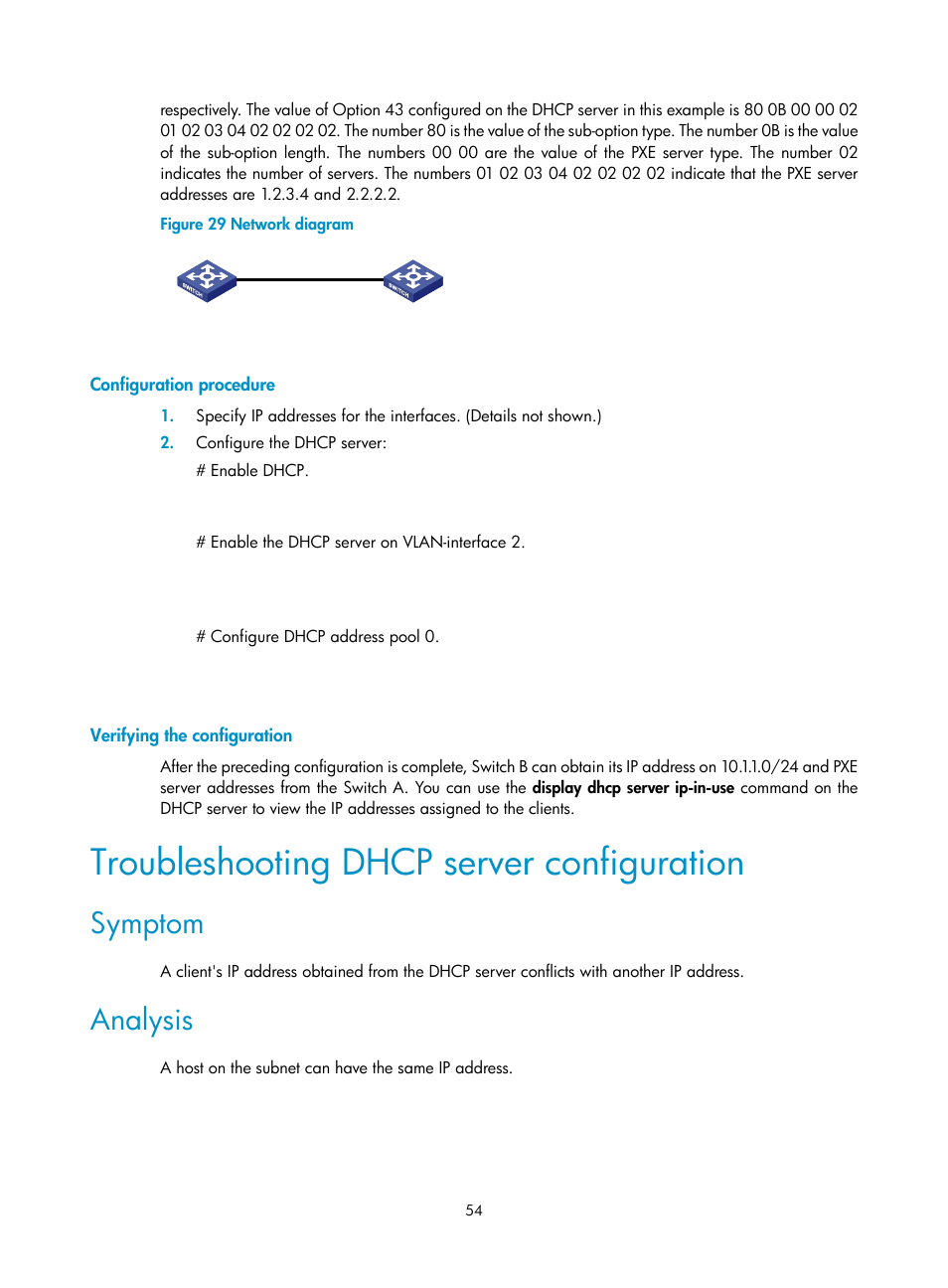 Configuration procedure, Verifying the configuration, Troubleshooting dhcp server configuration | Symptom, Analysis, N in, Figure 29, The d | H3C Technologies H3C S12500 Series Switches User Manual | Page 68 / 249