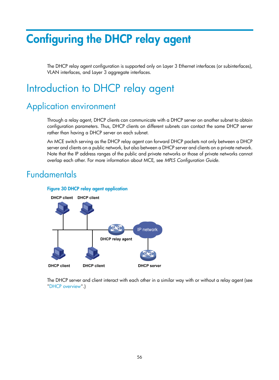 Configuring the dhcp relay agent, Introduction to dhcp relay agent, Application environment | Fundamentals | H3C Technologies H3C S12500 Series Switches User Manual | Page 70 / 249