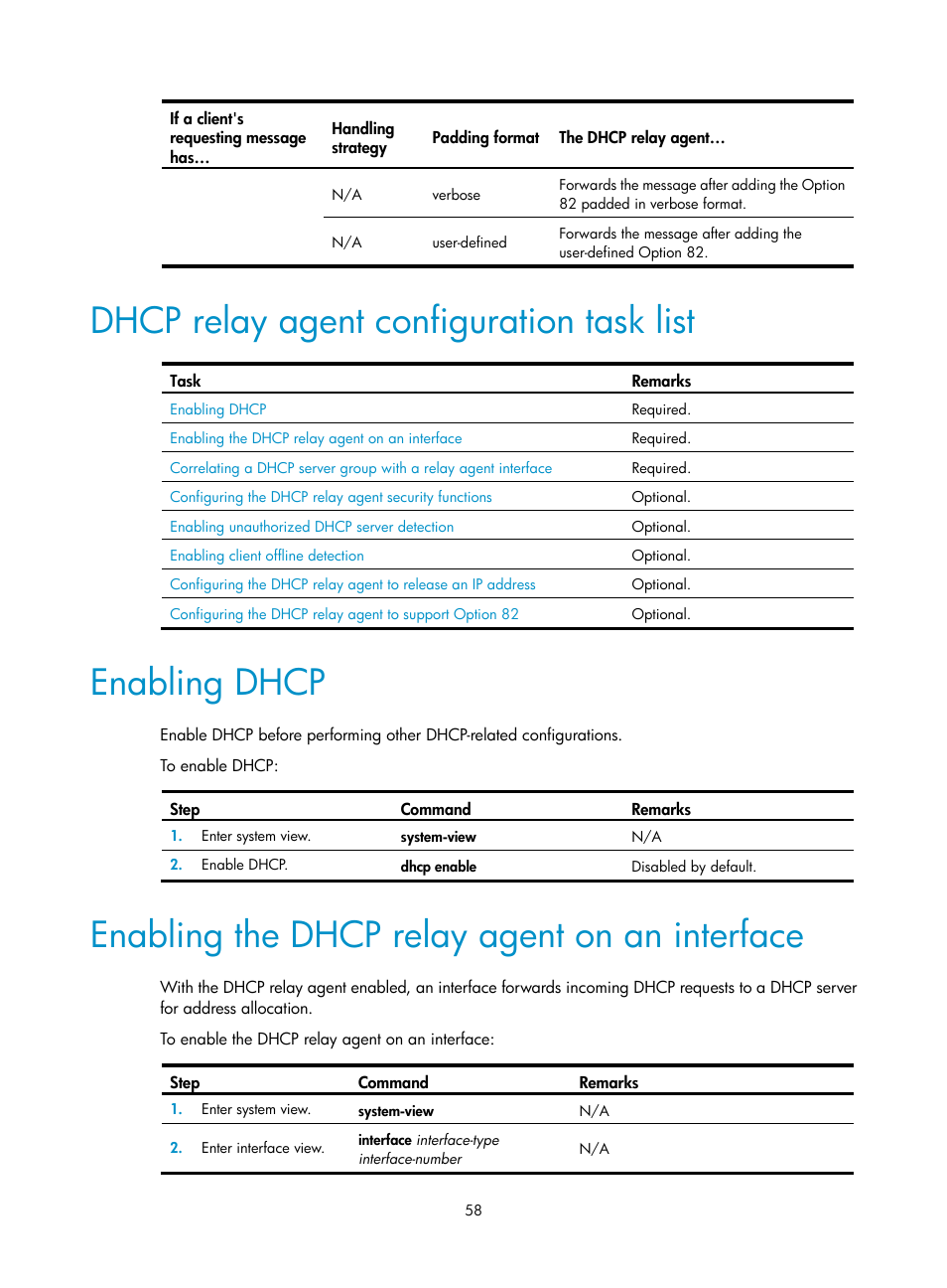 Dhcp relay agent configuration task list, Enabling dhcp, Enabling the dhcp relay agent on an interface | H3C Technologies H3C S12500 Series Switches User Manual | Page 72 / 249