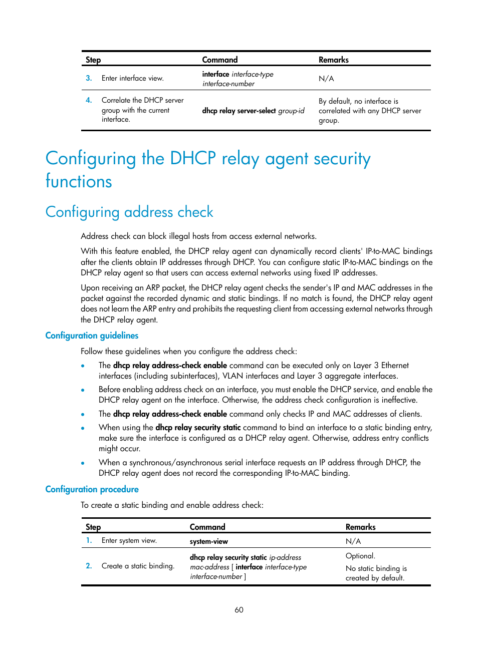 Configuring address check, Configuration guidelines, Configuration procedure | H3C Technologies H3C S12500 Series Switches User Manual | Page 74 / 249