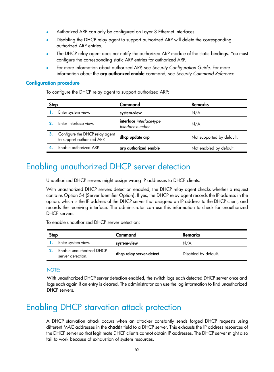 Configuration procedure, Enabling unauthorized dhcp server detection, Enabling dhcp starvation attack protection | H3C Technologies H3C S12500 Series Switches User Manual | Page 76 / 249