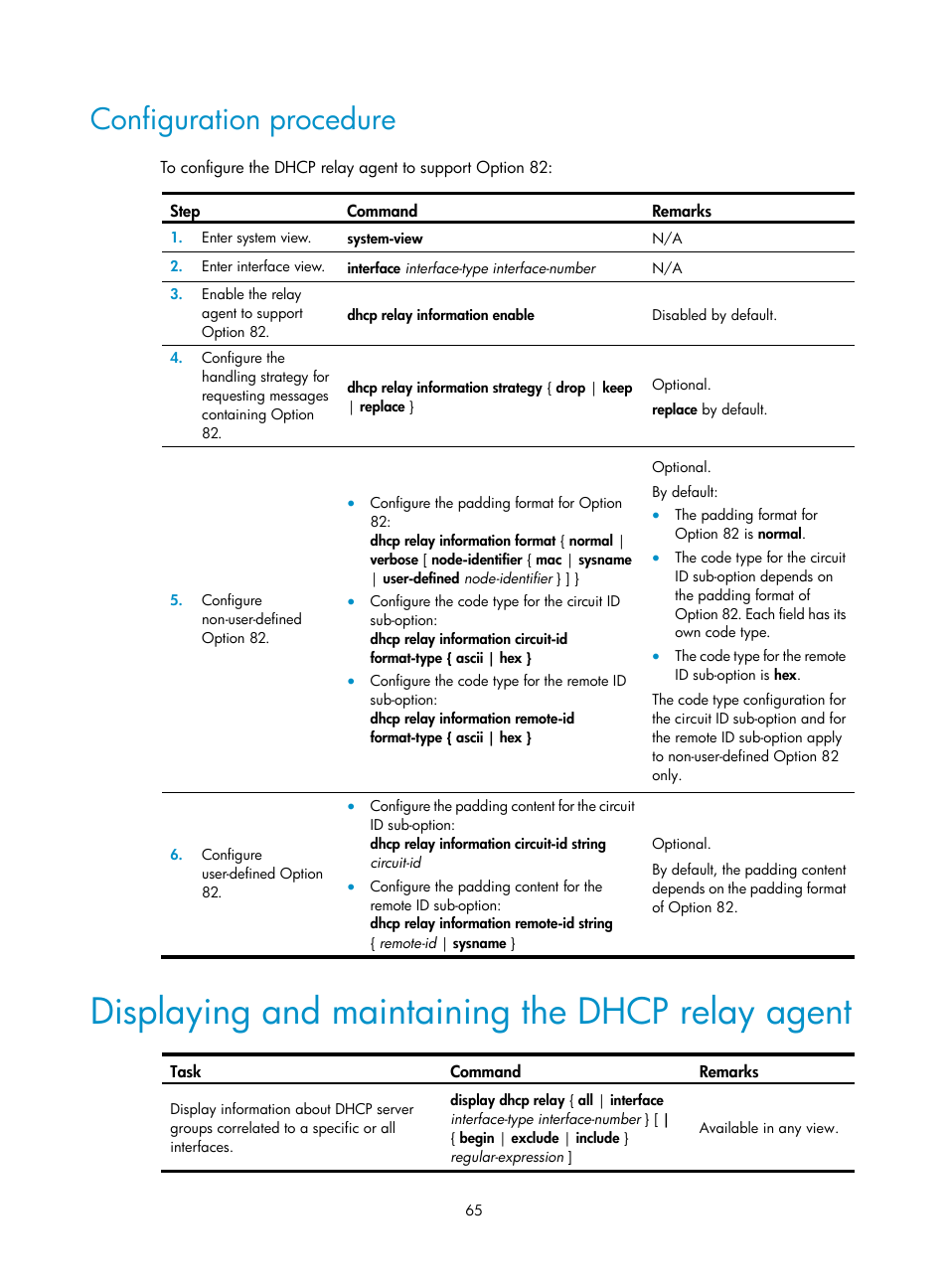 Configuration procedure, Displaying and maintaining the dhcp relay agent | H3C Technologies H3C S12500 Series Switches User Manual | Page 79 / 249