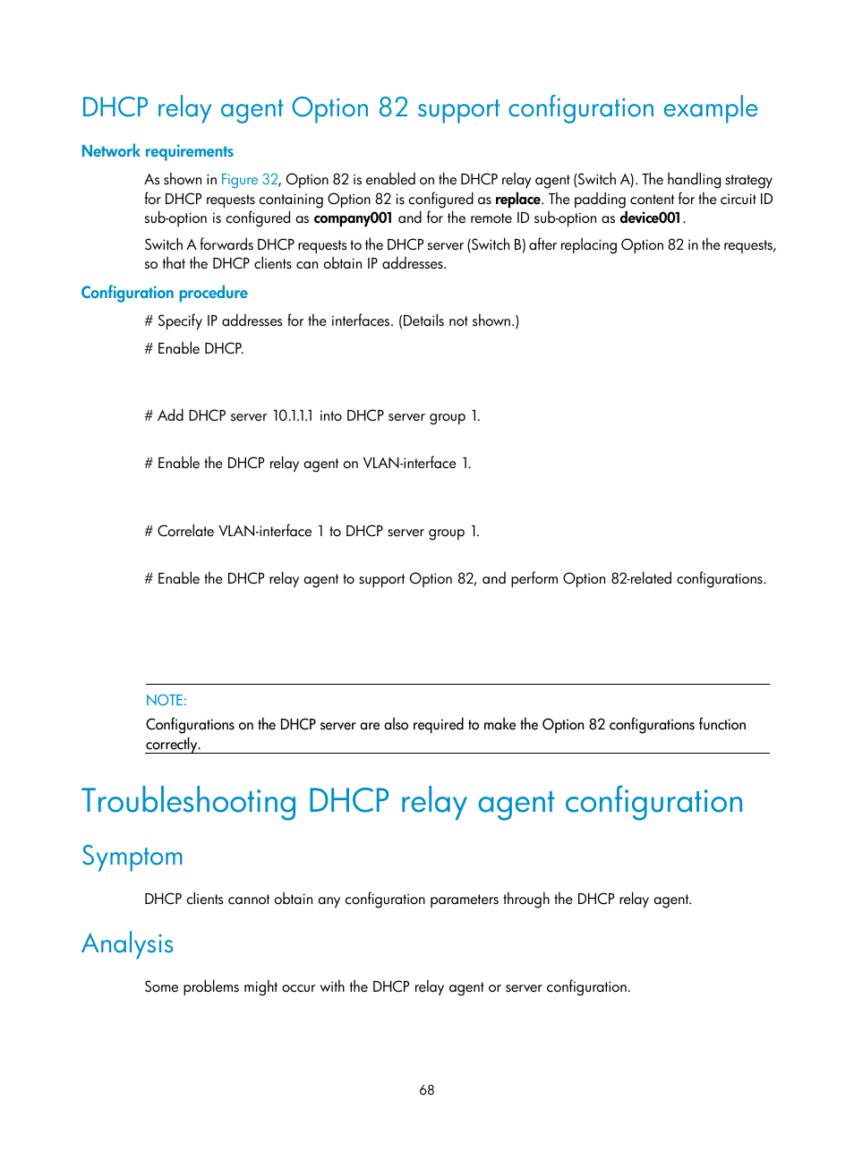 Network requirements, Configuration procedure, Troubleshooting dhcp relay agent configuration | Symptom, Analysis | H3C Technologies H3C S12500 Series Switches User Manual | Page 82 / 249
