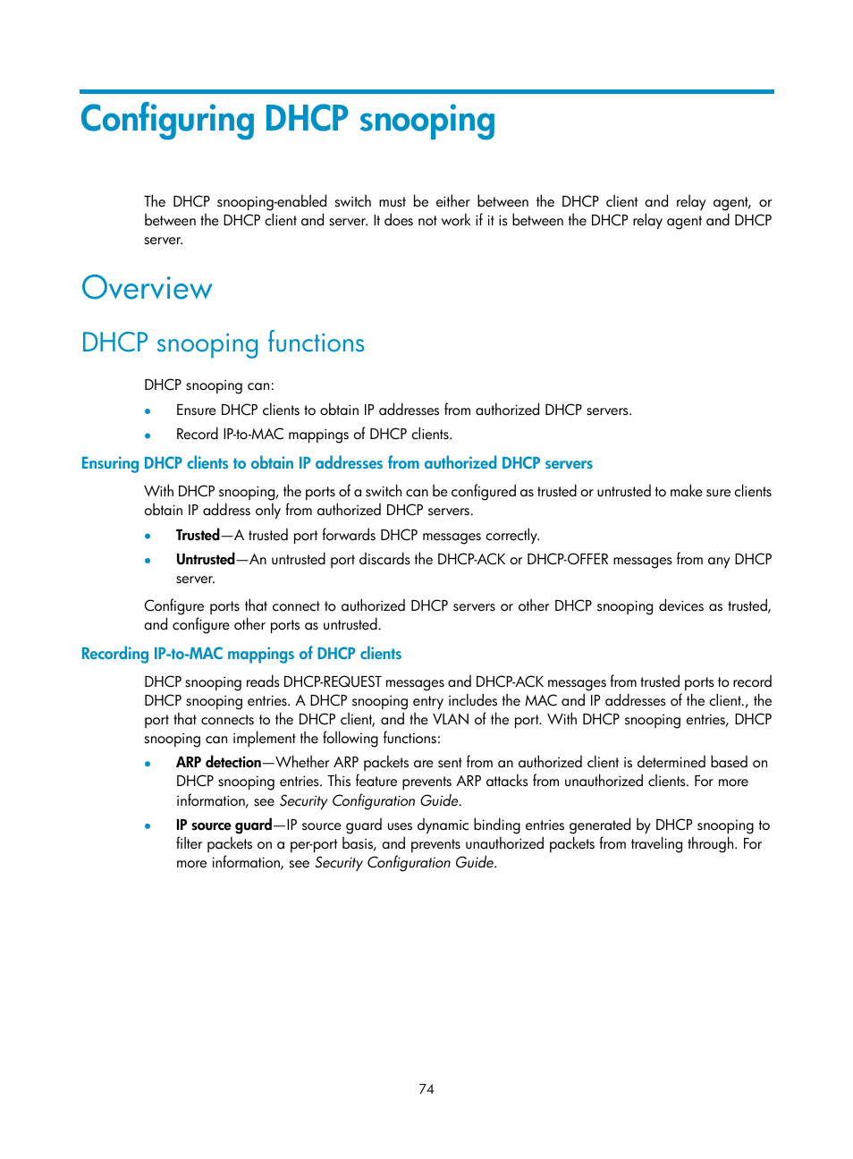Configuring dhcp snooping, Overview, Dhcp snooping functions | Recording ip-to-mac mappings of dhcp clients | H3C Technologies H3C S12500 Series Switches User Manual | Page 88 / 249
