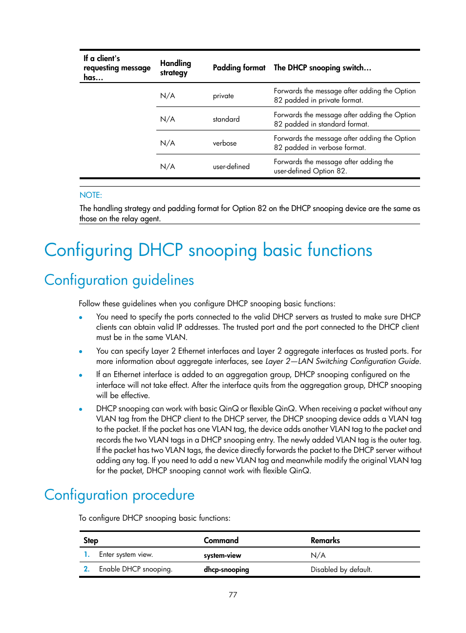 Configuring dhcp snooping basic functions, Configuration guidelines, Configuration procedure | H3C Technologies H3C S12500 Series Switches User Manual | Page 91 / 249