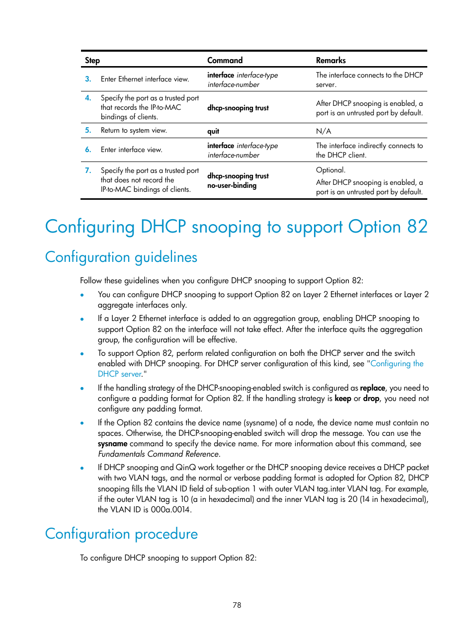 Configuring dhcp snooping to support option 82, Configuration guidelines, Configuration procedure | H3C Technologies H3C S12500 Series Switches User Manual | Page 92 / 249