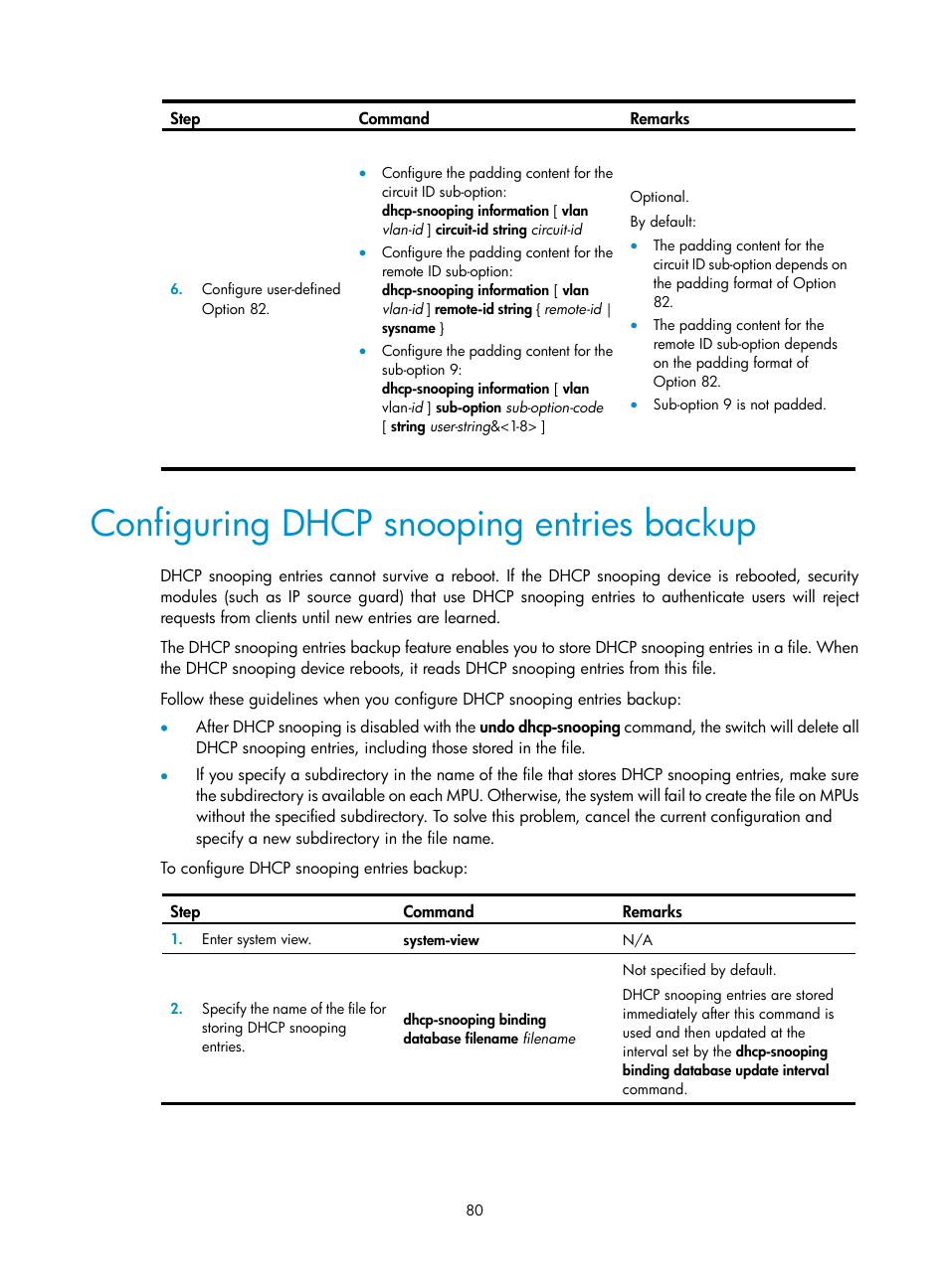 Configuring dhcp snooping entries backup | H3C Technologies H3C S12500 Series Switches User Manual | Page 94 / 249