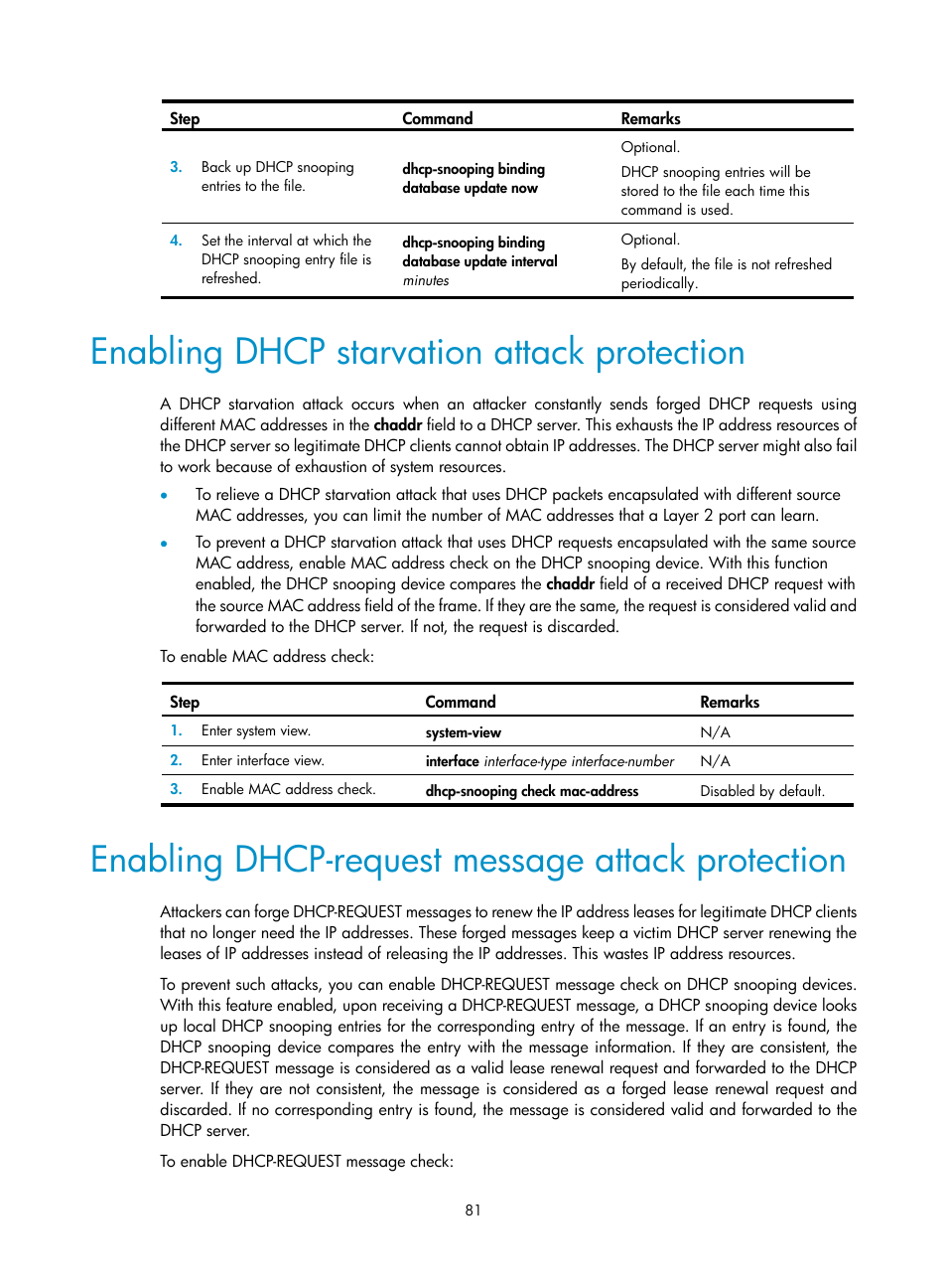 Enabling dhcp starvation attack protection, Enabling dhcp-request message attack protection | H3C Technologies H3C S12500 Series Switches User Manual | Page 95 / 249