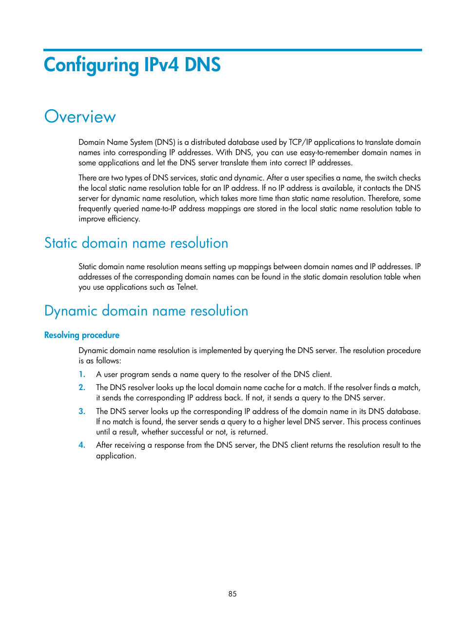 Configuring ipv4 dns, Overview, Static domain name resolution | Dynamic domain name resolution, Resolving procedure | H3C Technologies H3C S12500 Series Switches User Manual | Page 99 / 249