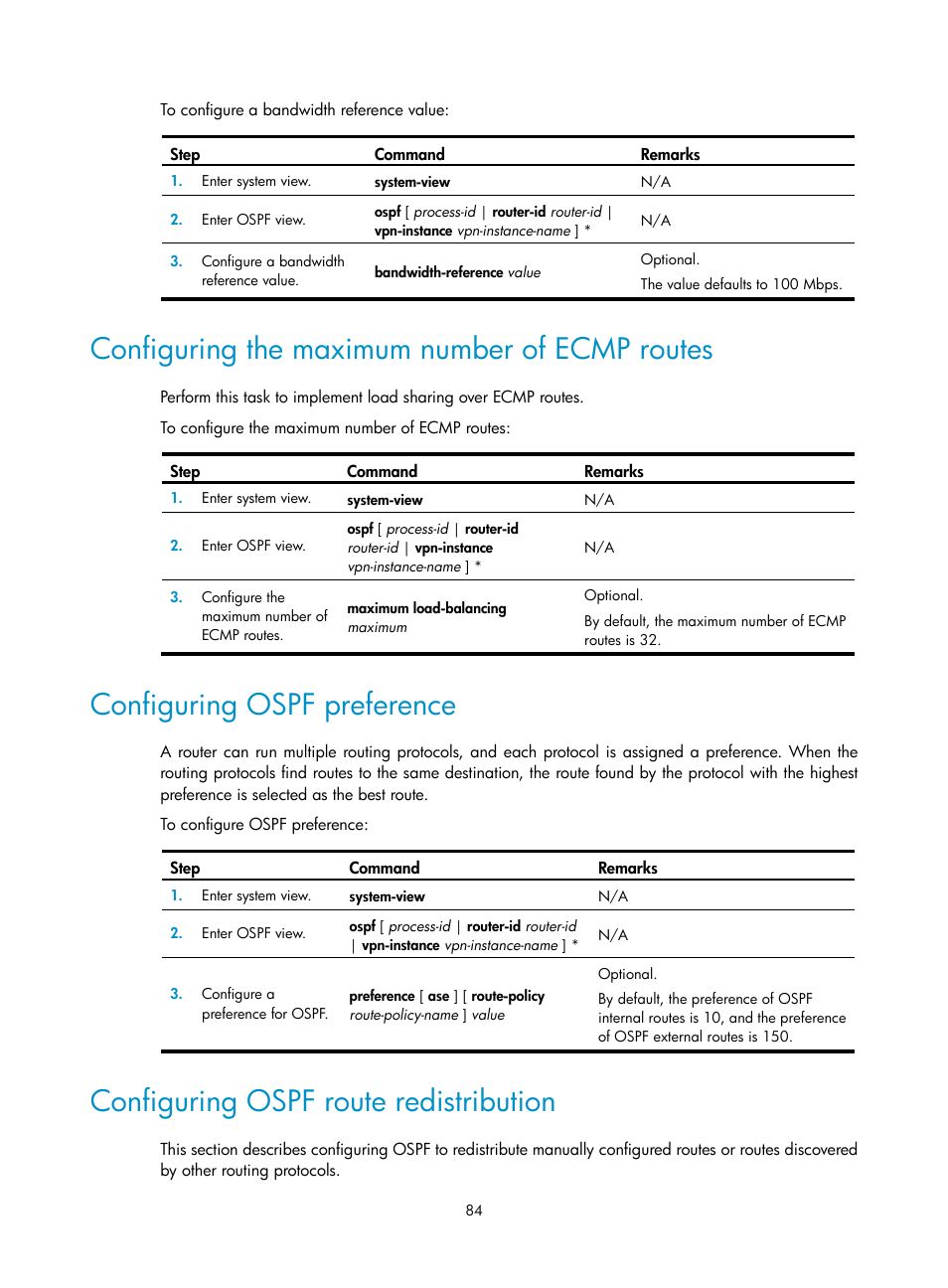 Configuring the maximum number of ecmp routes, Configuring ospf preference, Configuring ospf route redistribution | H3C Technologies H3C S12500 Series Switches User Manual | Page 100 / 443