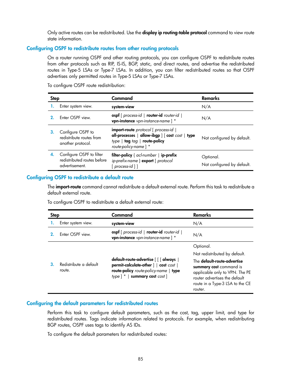 Configuring ospf to redistribute a default route | H3C Technologies H3C S12500 Series Switches User Manual | Page 101 / 443