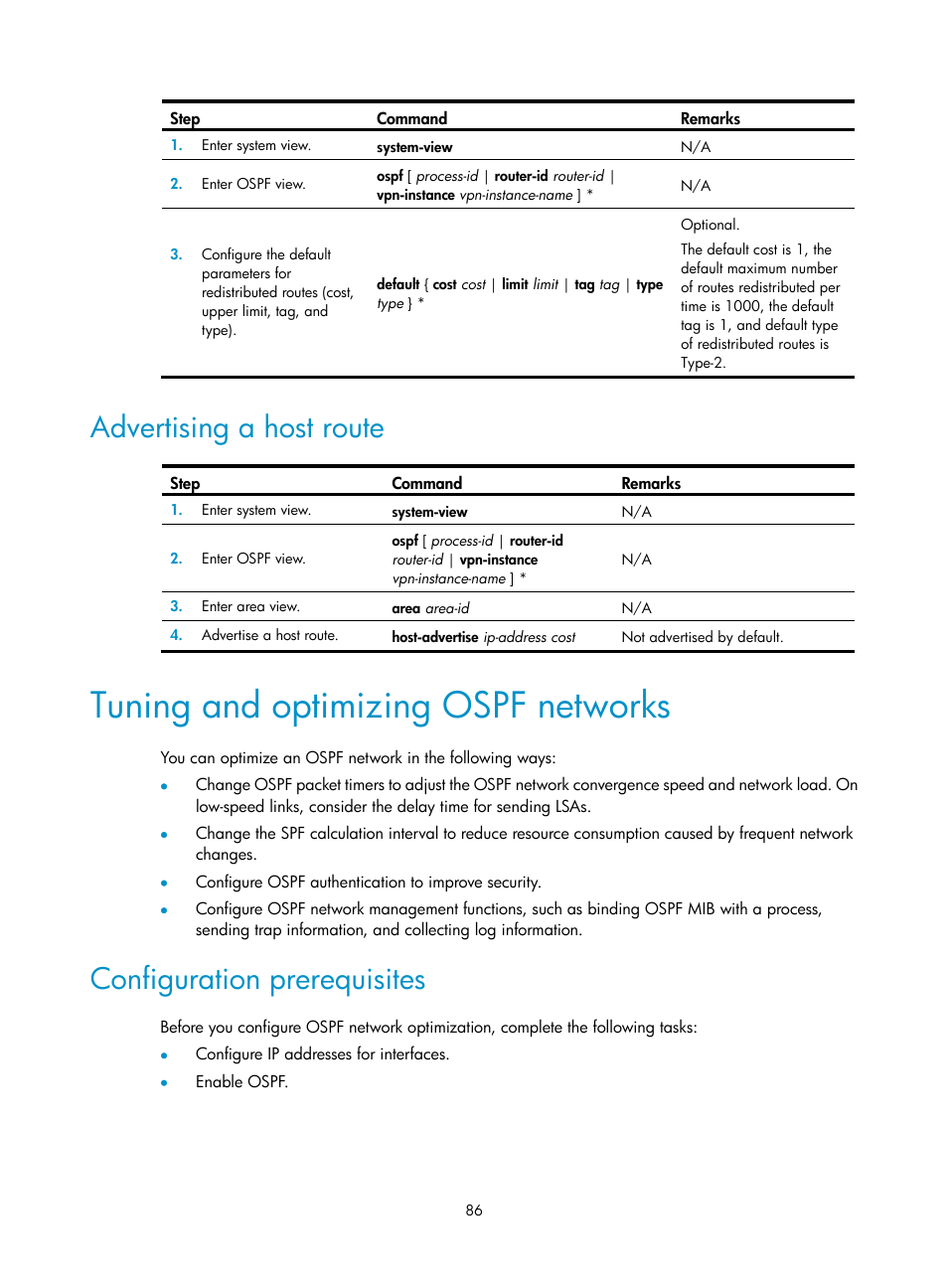 Advertising a host route, Tuning and optimizing ospf networks, Configuration prerequisites | H3C Technologies H3C S12500 Series Switches User Manual | Page 102 / 443