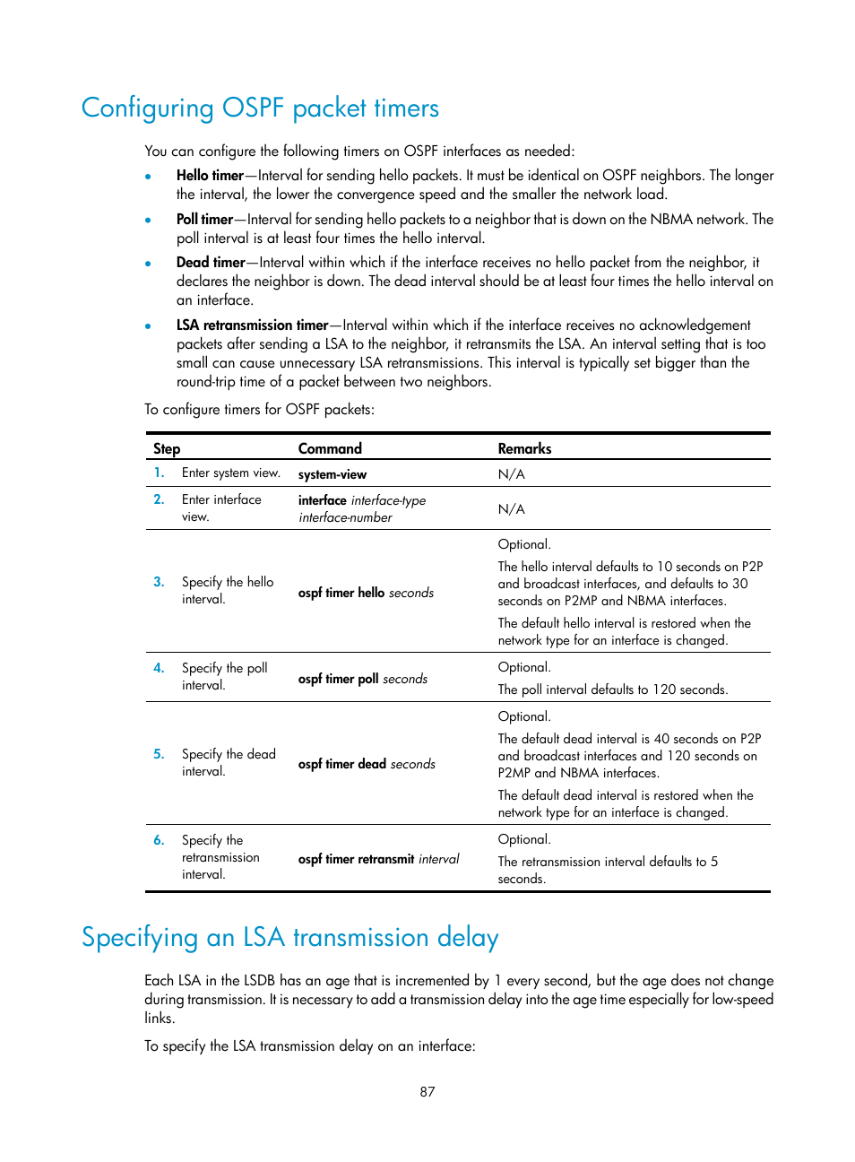 Configuring ospf packet timers, Specifying an lsa transmission delay | H3C Technologies H3C S12500 Series Switches User Manual | Page 103 / 443