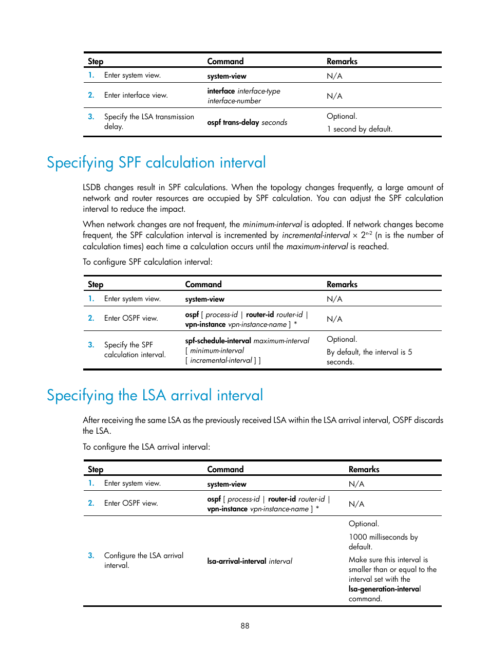 Specifying spf calculation interval, Specifying the lsa arrival interval | H3C Technologies H3C S12500 Series Switches User Manual | Page 104 / 443