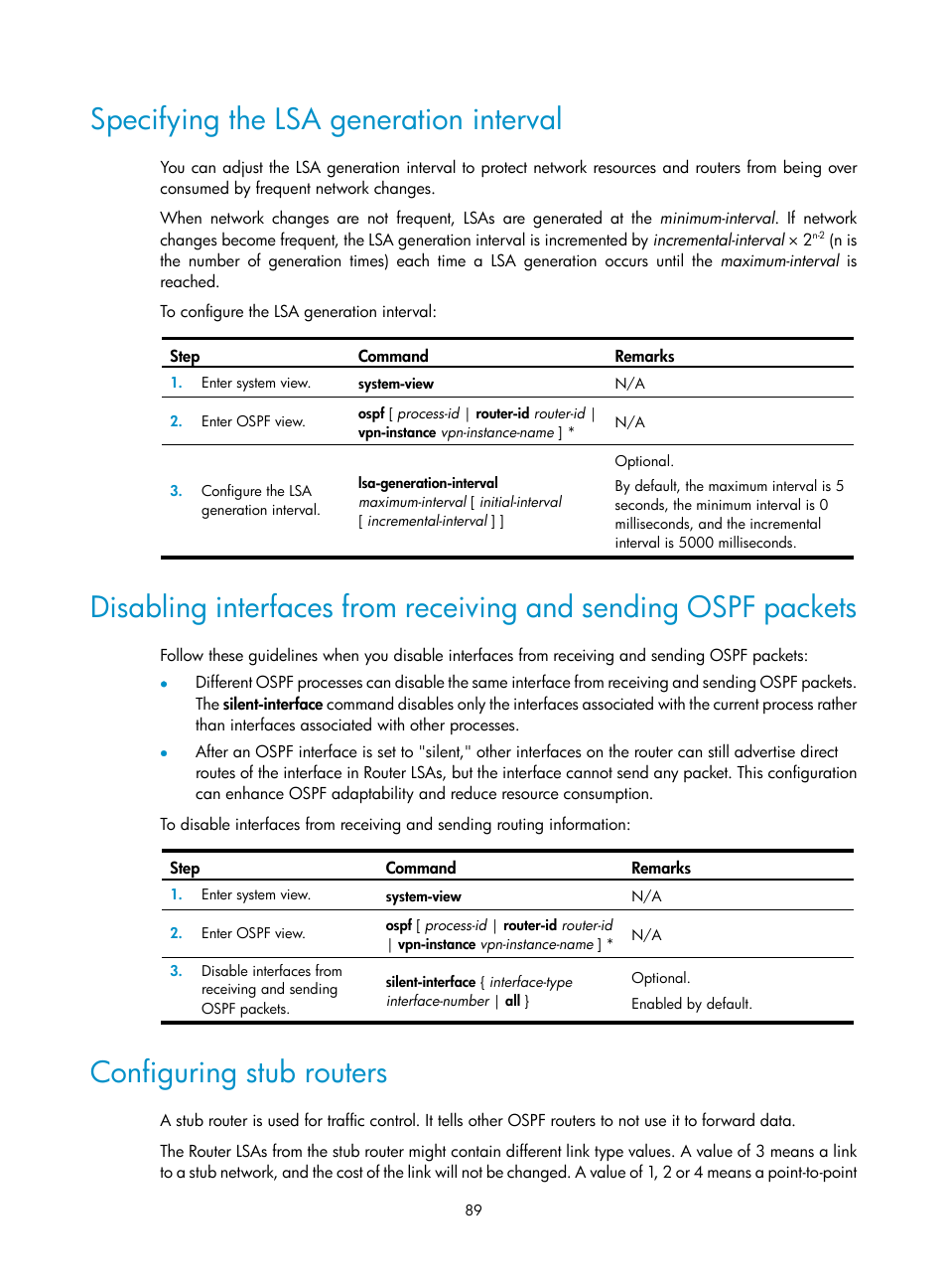 Specifying the lsa generation interval, Configuring stub routers | H3C Technologies H3C S12500 Series Switches User Manual | Page 105 / 443