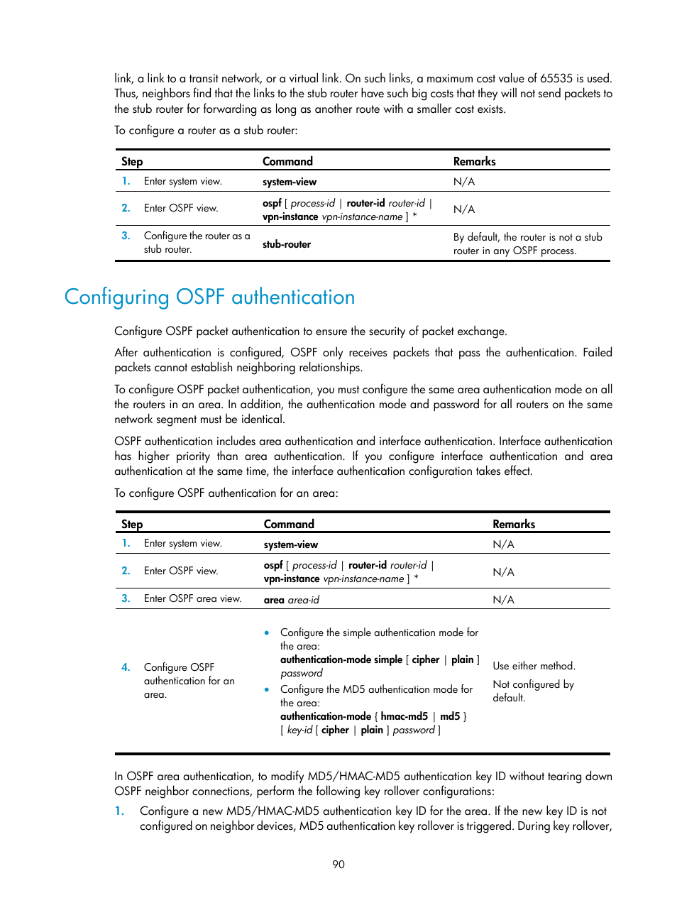 Configuring ospf authentication | H3C Technologies H3C S12500 Series Switches User Manual | Page 106 / 443