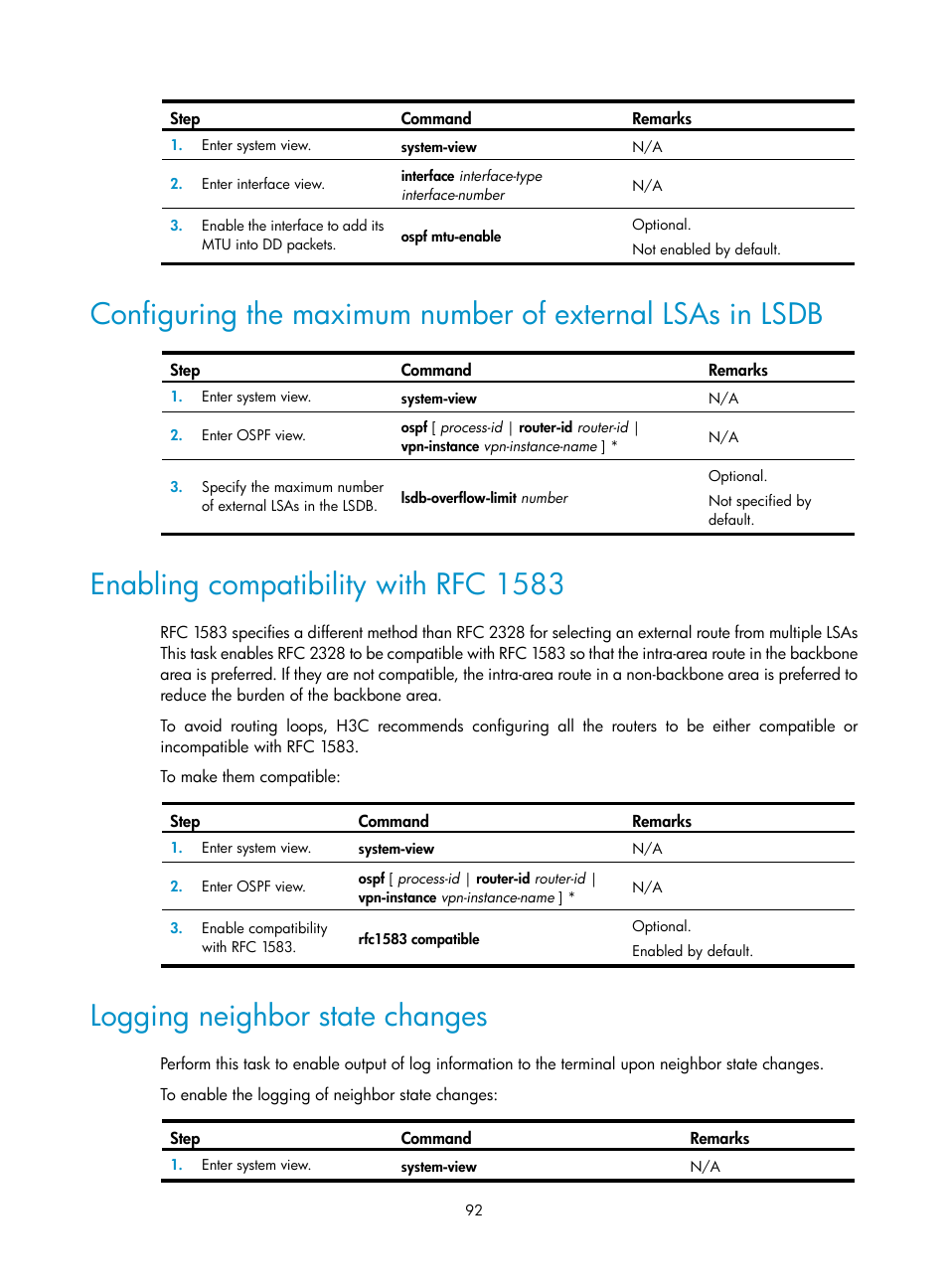 Enabling compatibility with rfc 1583, Logging neighbor state changes | H3C Technologies H3C S12500 Series Switches User Manual | Page 108 / 443