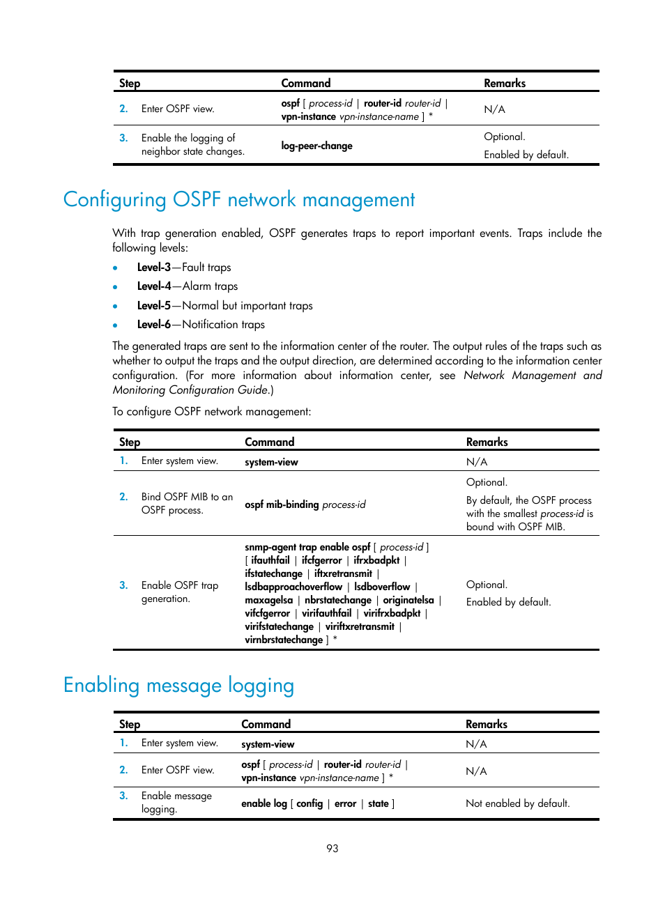 Configuring ospf network management, Enabling message logging | H3C Technologies H3C S12500 Series Switches User Manual | Page 109 / 443