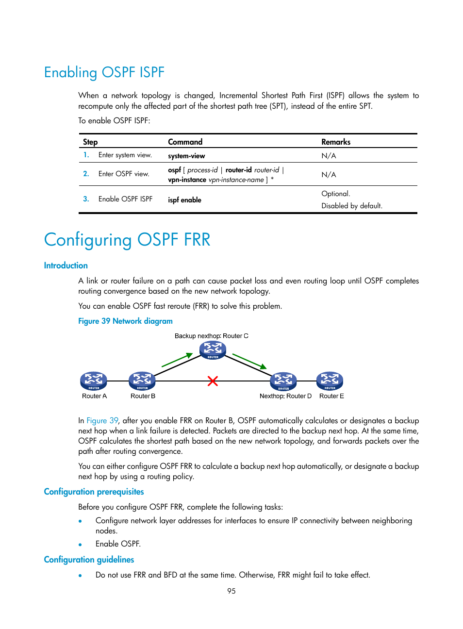 Enabling ospf ispf, Configuring ospf frr, Introduction | Configuration prerequisites, Configuration guidelines | H3C Technologies H3C S12500 Series Switches User Manual | Page 111 / 443