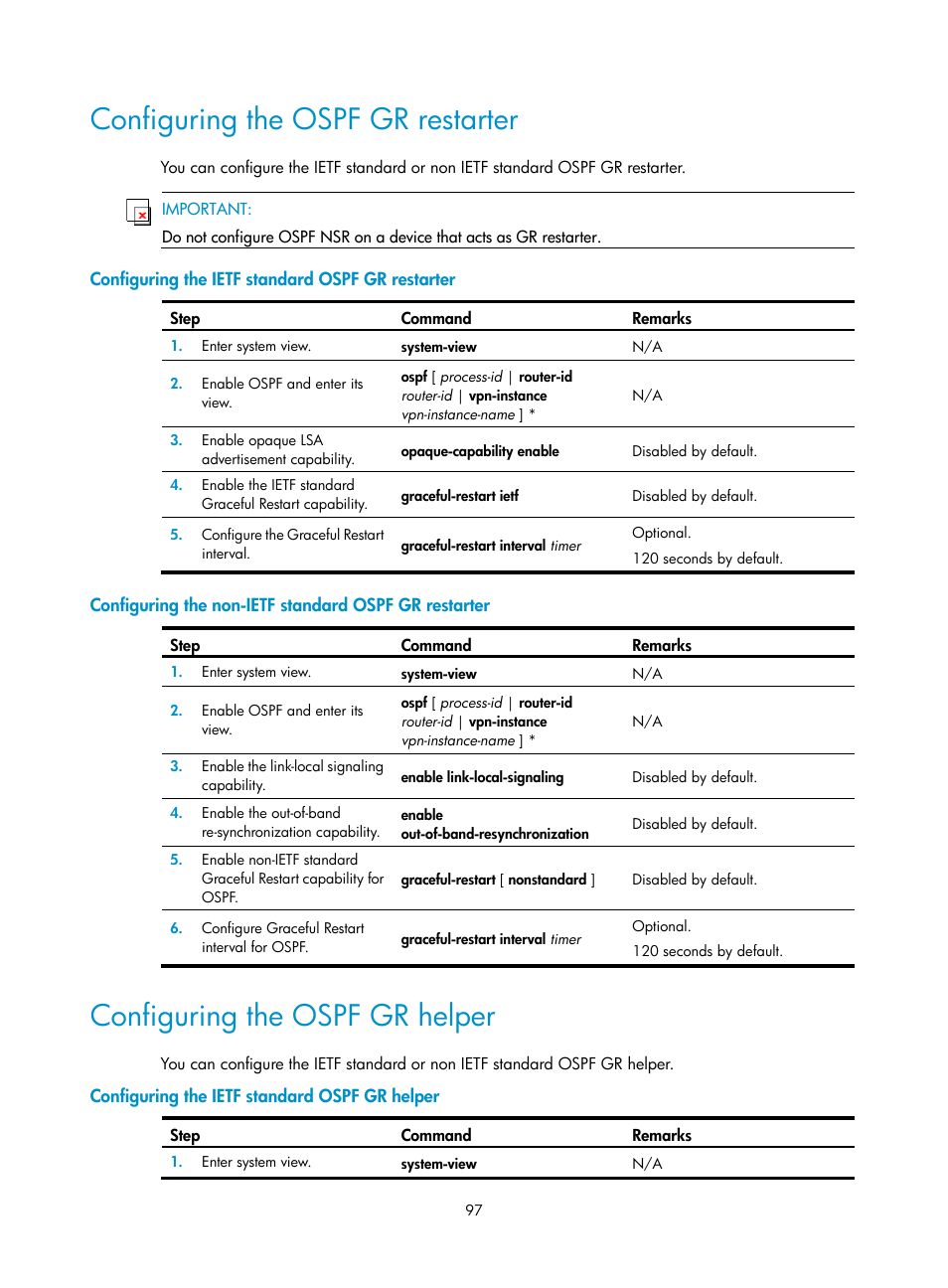 Configuring the ospf gr restarter, Configuring the ietf standard ospf gr restarter, Configuring the ospf gr helper | Configuring the ietf standard ospf gr helper | H3C Technologies H3C S12500 Series Switches User Manual | Page 113 / 443
