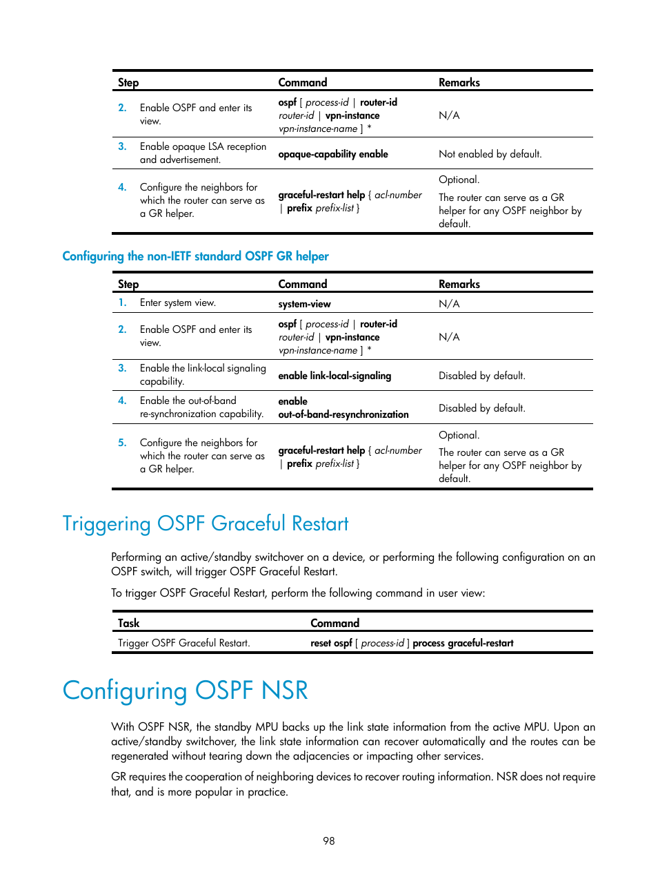 Configuring the non-ietf standard ospf gr helper, Triggering ospf graceful restart, Configuring ospf nsr | H3C Technologies H3C S12500 Series Switches User Manual | Page 114 / 443