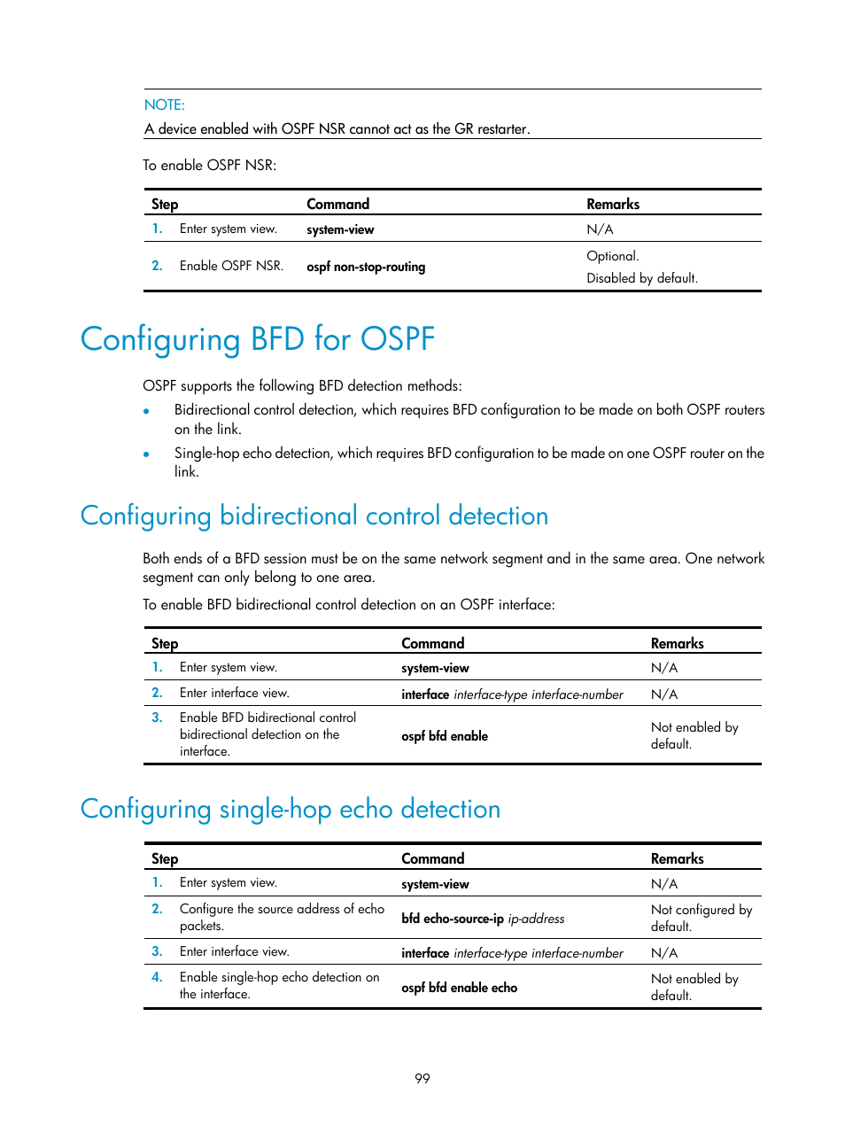 Configuring bfd for ospf, Configuring bidirectional control detection, Configuring single-hop echo detection | H3C Technologies H3C S12500 Series Switches User Manual | Page 115 / 443