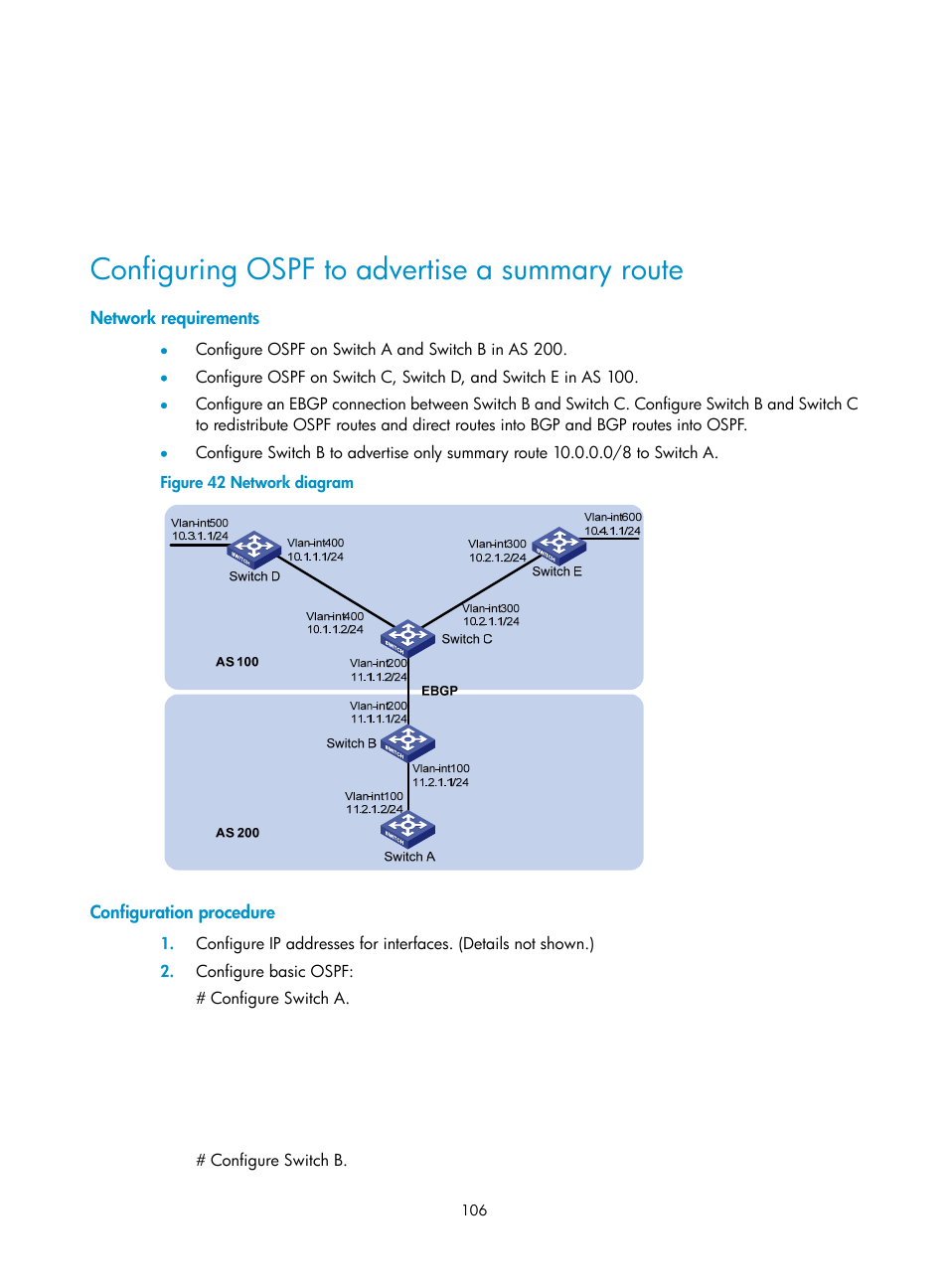 Configuring ospf to advertise a summary route, Network requirements, Configuration procedure | H3C Technologies H3C S12500 Series Switches User Manual | Page 122 / 443