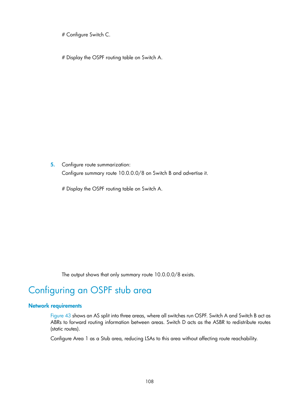 Configuring an ospf stub area, Network requirements | H3C Technologies H3C S12500 Series Switches User Manual | Page 124 / 443
