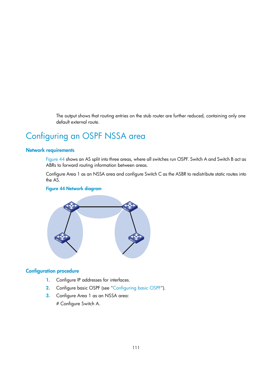 Configuring an ospf nssa area, Network requirements, Configuration procedure | H3C Technologies H3C S12500 Series Switches User Manual | Page 127 / 443