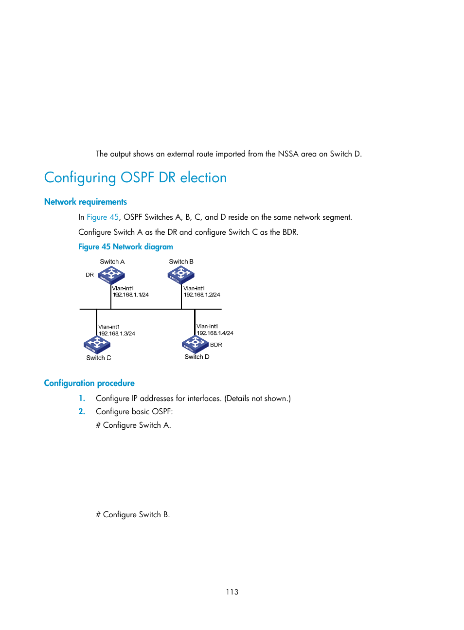 Configuring ospf dr election, Network requirements, Configuration procedure | H3C Technologies H3C S12500 Series Switches User Manual | Page 129 / 443