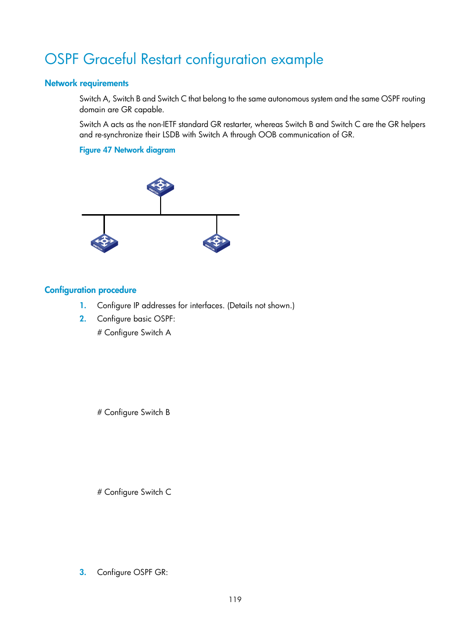 Ospf graceful restart configuration example, Network requirements, Configuration procedure | H3C Technologies H3C S12500 Series Switches User Manual | Page 135 / 443