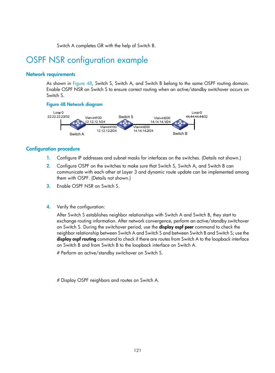 Ospf nsr configuration example, Network requirements, Configuration procedure | H3C Technologies H3C S12500 Series Switches User Manual | Page 137 / 443