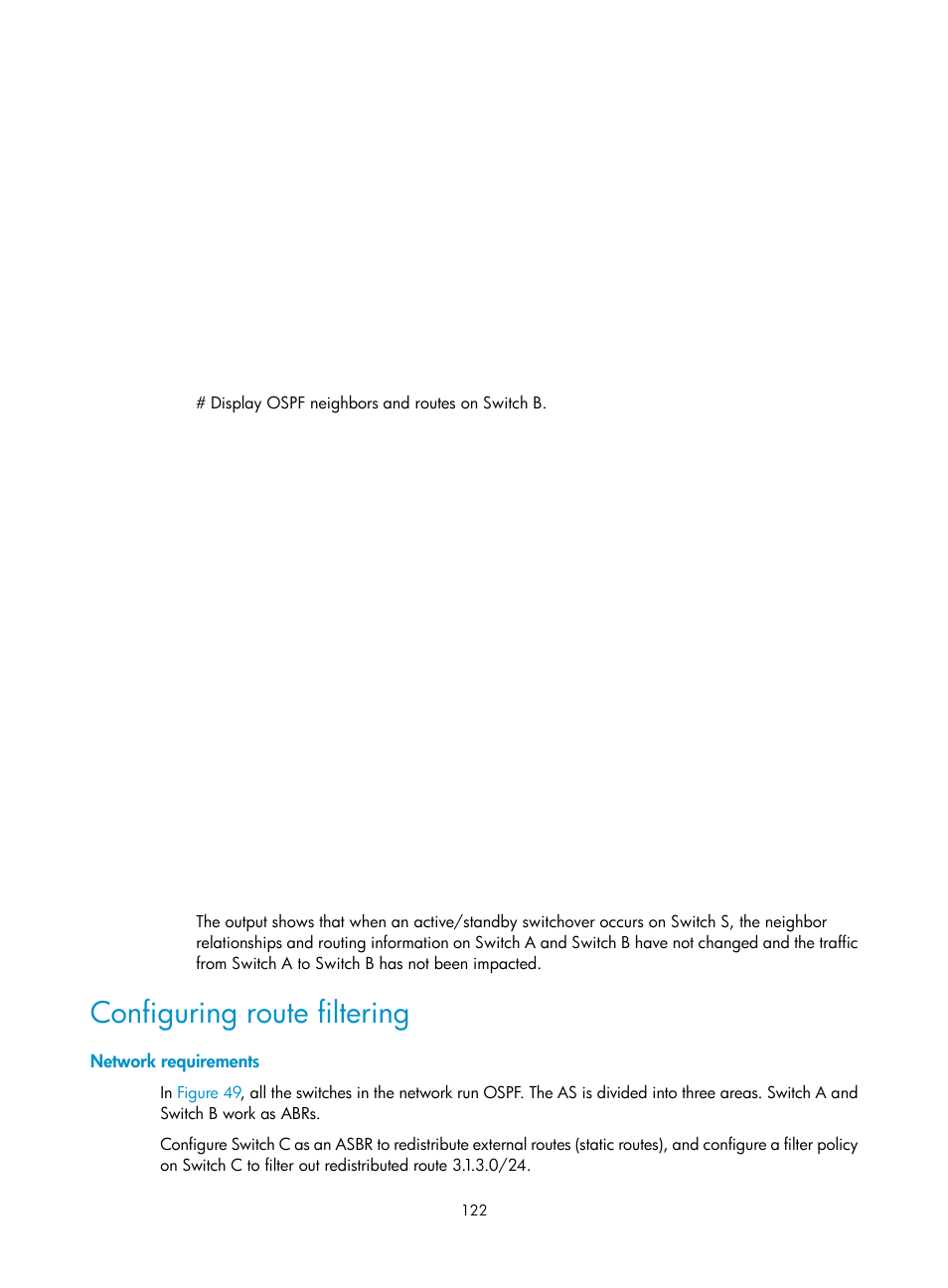 Configuring route filtering, Network requirements | H3C Technologies H3C S12500 Series Switches User Manual | Page 138 / 443