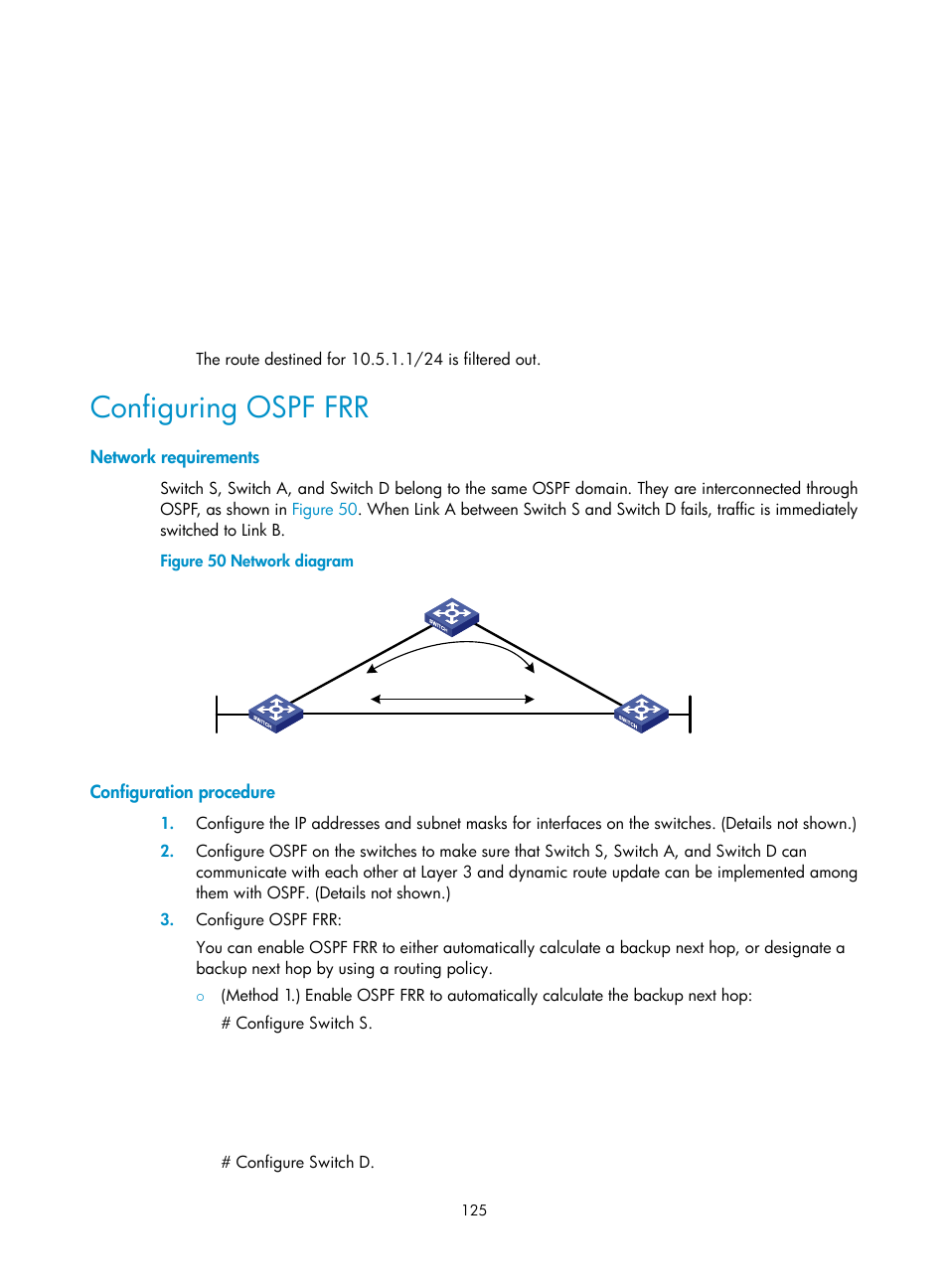 Configuring ospf frr, Network requirements, Configuration procedure | H3C Technologies H3C S12500 Series Switches User Manual | Page 141 / 443