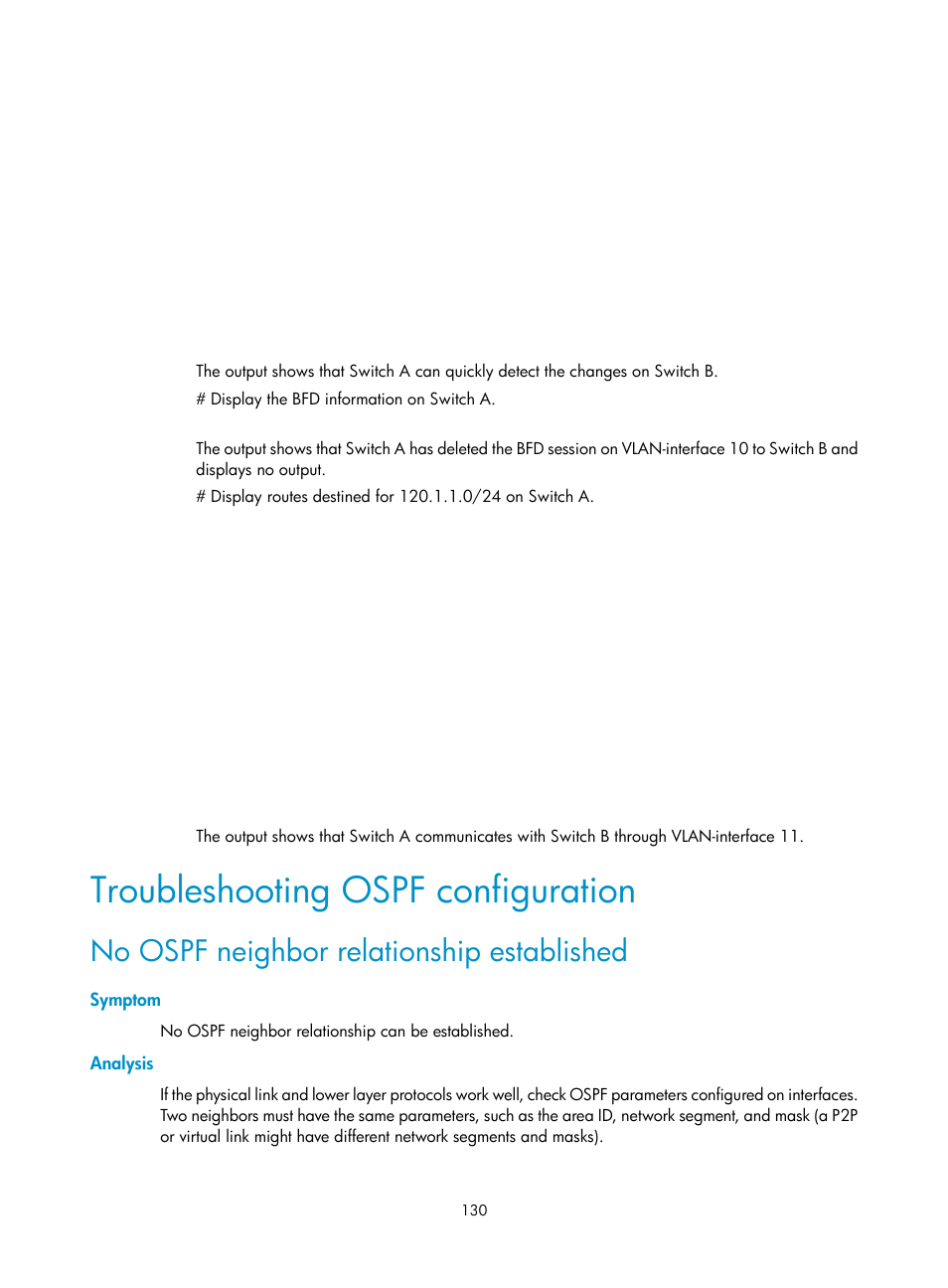 Troubleshooting ospf configuration, No ospf neighbor relationship established, Symptom | Analysis | H3C Technologies H3C S12500 Series Switches User Manual | Page 146 / 443