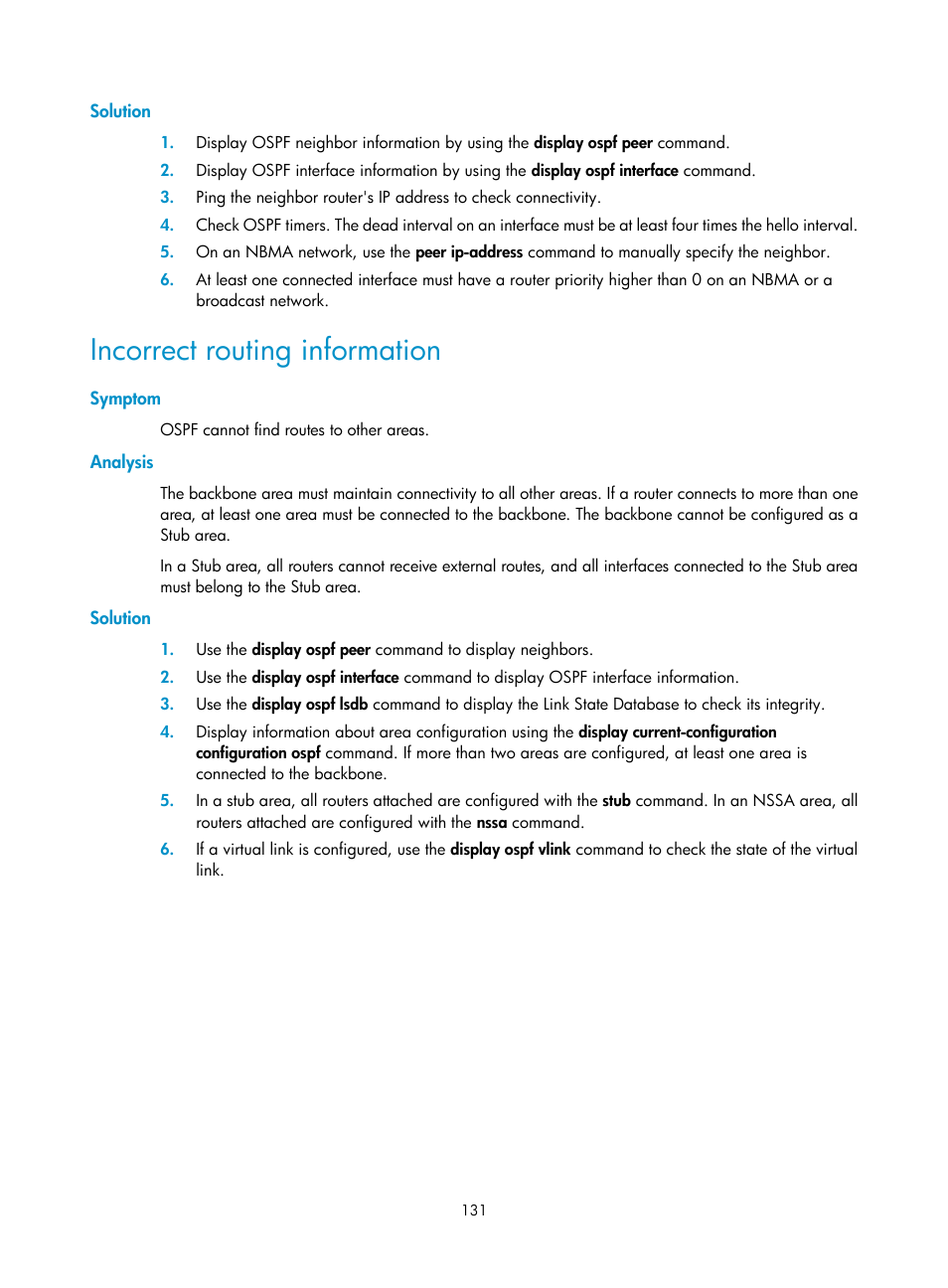 Solution, Incorrect routing information, Symptom | Analysis | H3C Technologies H3C S12500 Series Switches User Manual | Page 147 / 443
