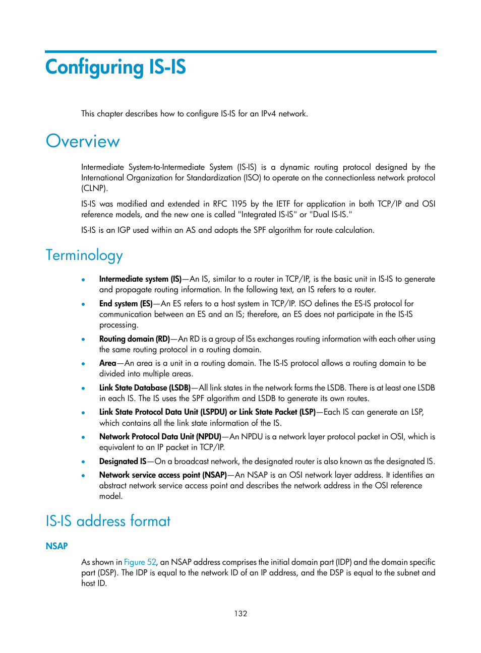 Configuring is-is, Overview, Terminology | Is-is address format, Nsap | H3C Technologies H3C S12500 Series Switches User Manual | Page 148 / 443
