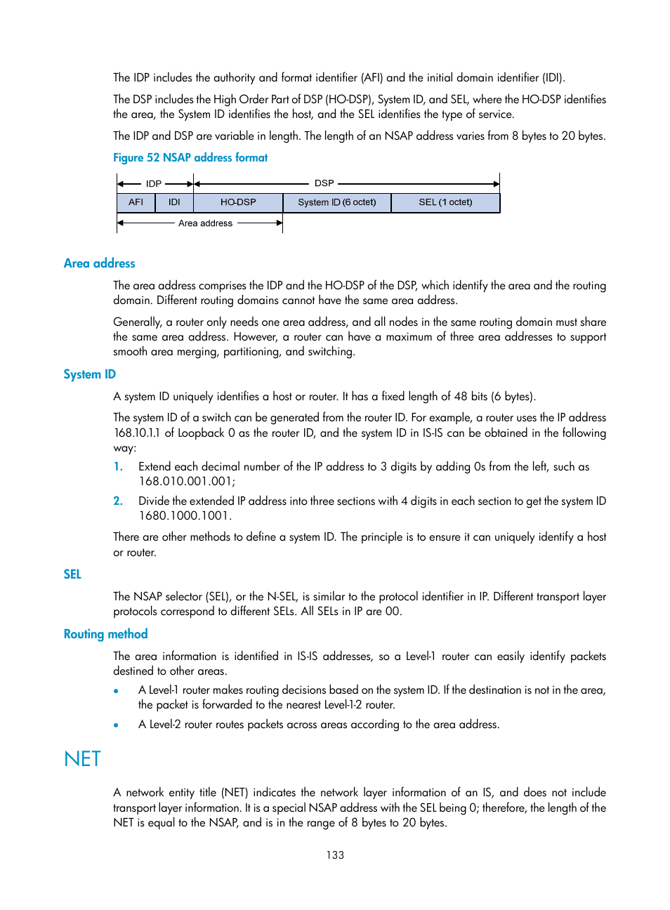 Area address, System id, Routing method | H3C Technologies H3C S12500 Series Switches User Manual | Page 149 / 443