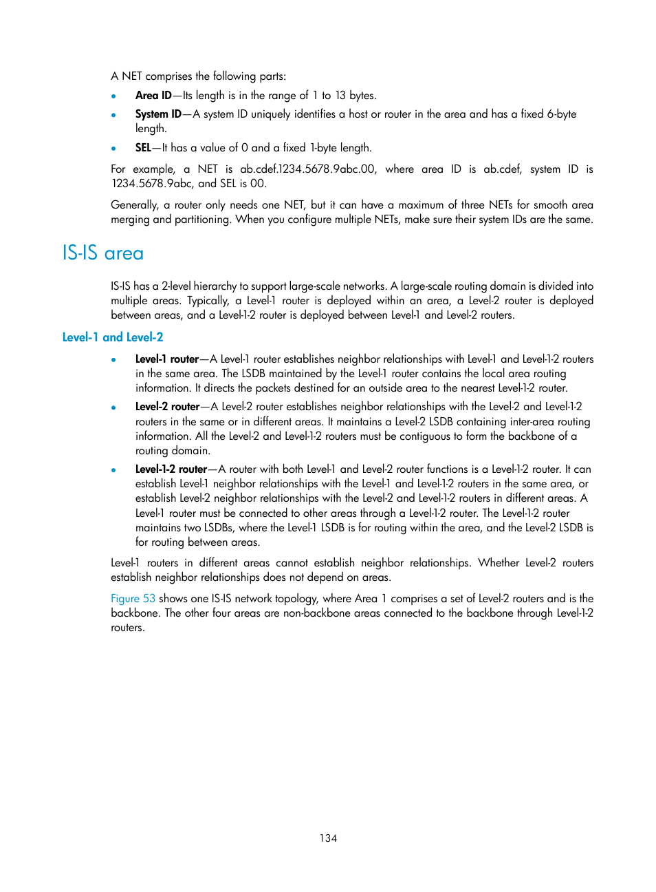 Is-is area, Level-1 and level-2 | H3C Technologies H3C S12500 Series Switches User Manual | Page 150 / 443