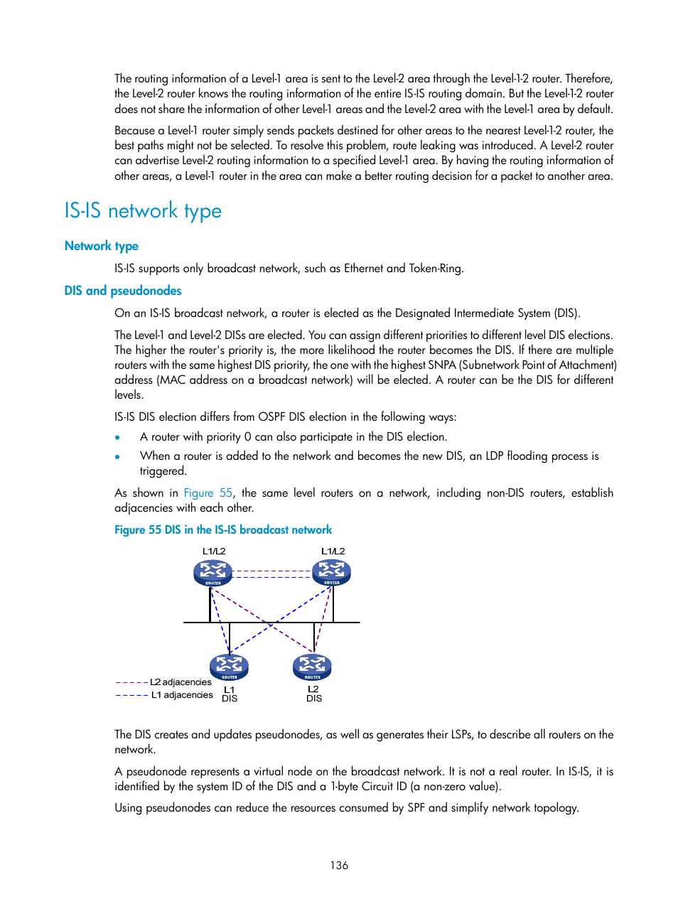 Is-is network type, Network type, Dis and pseudonodes | H3C Technologies H3C S12500 Series Switches User Manual | Page 152 / 443