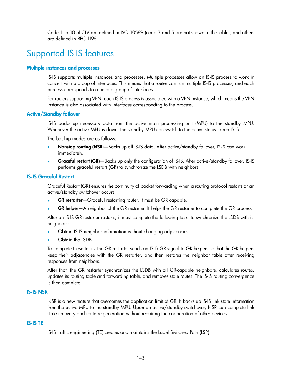 Supported is-is features, Multiple instances and processes, Active/standby failover | Is-is graceful restart, Is-is nsr, Is-is te | H3C Technologies H3C S12500 Series Switches User Manual | Page 159 / 443