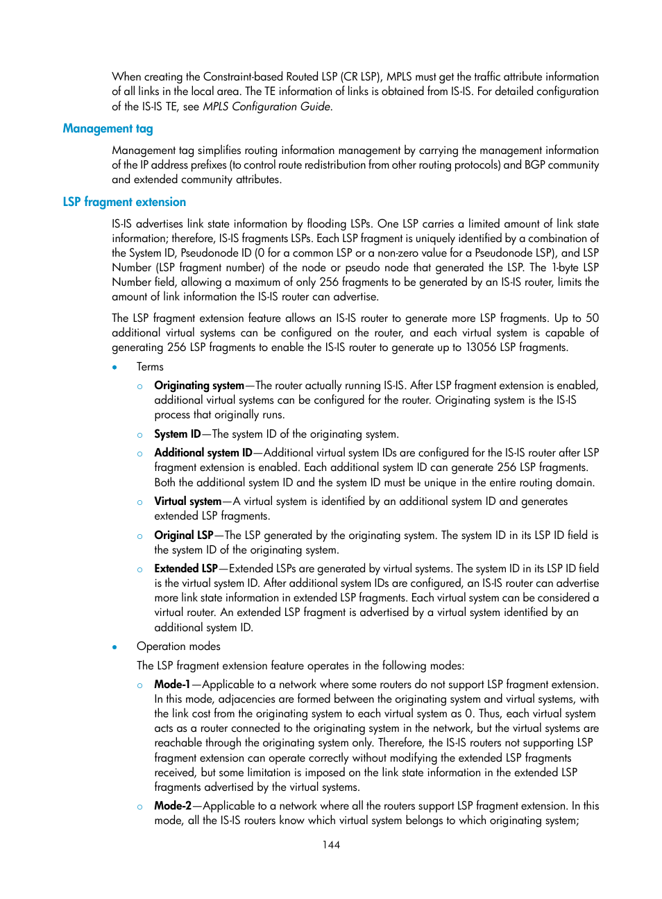 Management tag, Lsp fragment extension | H3C Technologies H3C S12500 Series Switches User Manual | Page 160 / 443