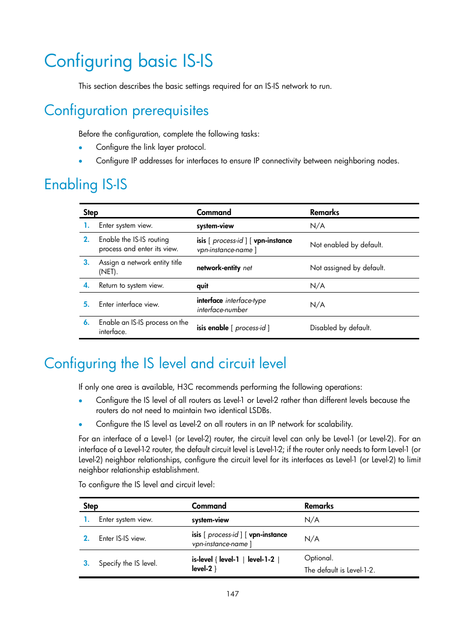 Configuring basic is-is, Configuration prerequisites, Enabling is-is | Configuring the is level and circuit level | H3C Technologies H3C S12500 Series Switches User Manual | Page 163 / 443